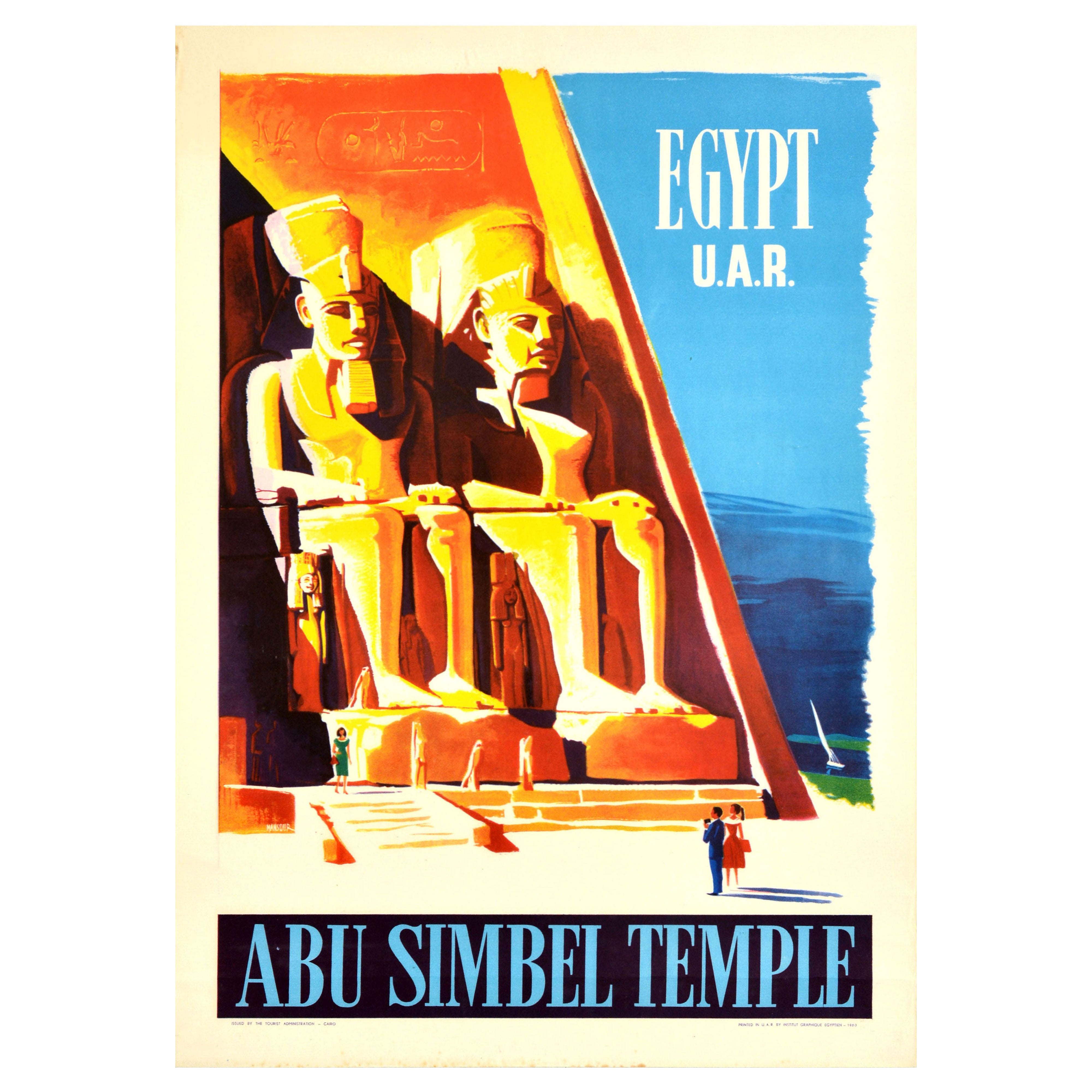 Original Vintage Cartel de Viaje Egipto UAR Abu Simbel Templo Faraón África