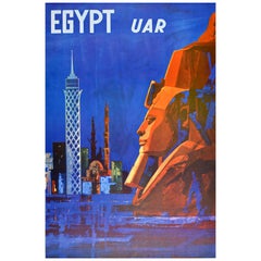 Original Vintage Travel Poster Egypt UAR United Arab Republic City Towers Sphinx