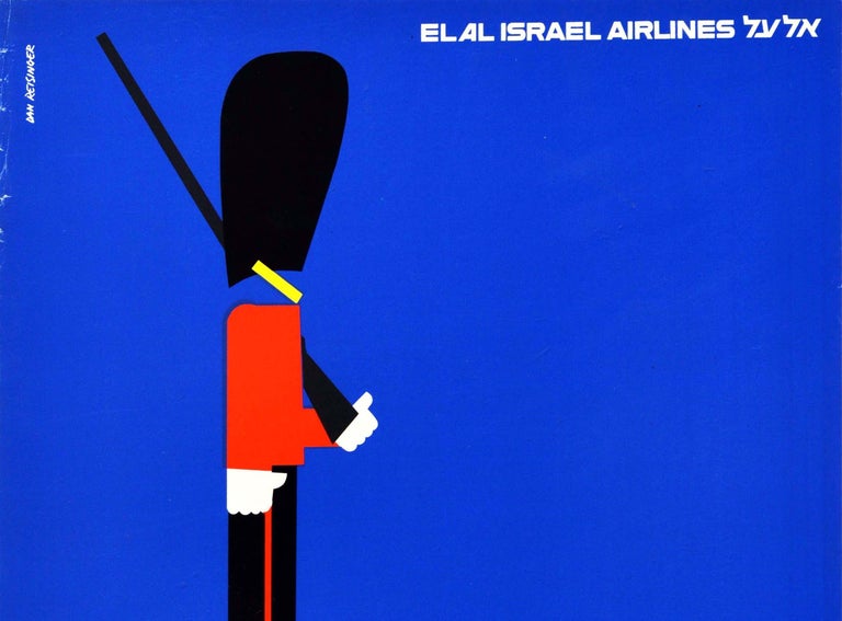 Original vintage travel poster issued by El Al Israel Airlines for London England featuring a great graphic design by the notable Israeli artist Dan Reisinger (1934-2019) depicting the bold blue lettering of El Al with the first L as a royal guard