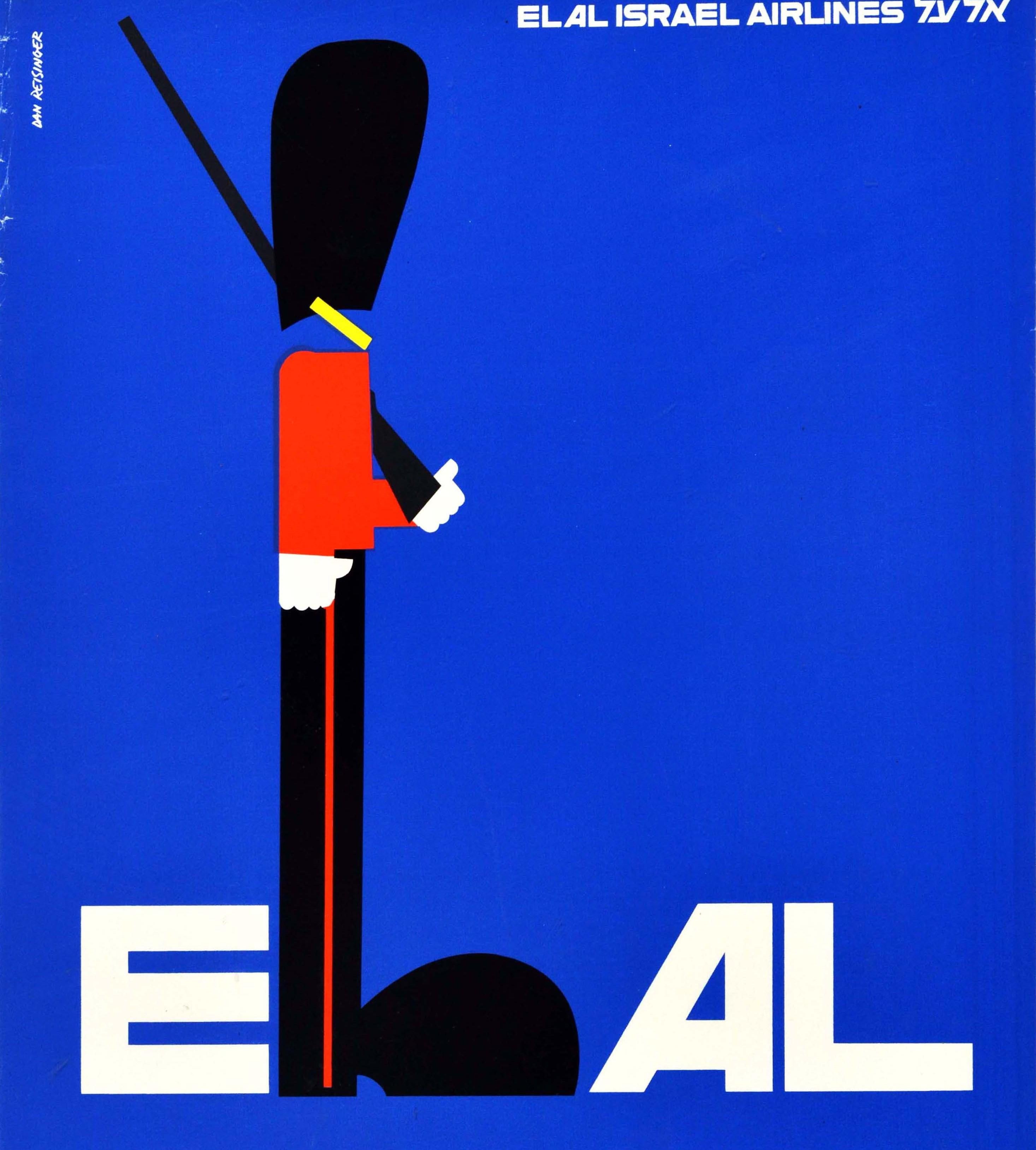 Late 20th Century Original Vintage Travel Poster El Al Israel Airlines London England Royal Guard For Sale