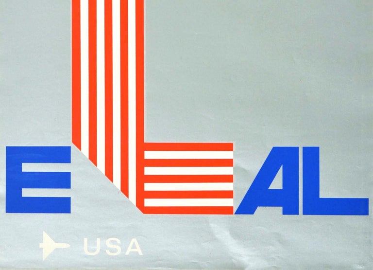 Israeli Original Vintage Travel Poster El Al Israel Airlines USA Skyscrapers Flag Design