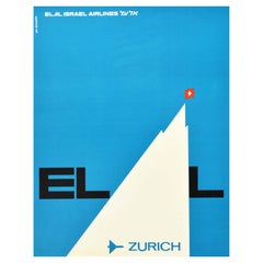Original Vintage Travel Poster El Al Israel Airlines Zurich Switzerland Alps Art