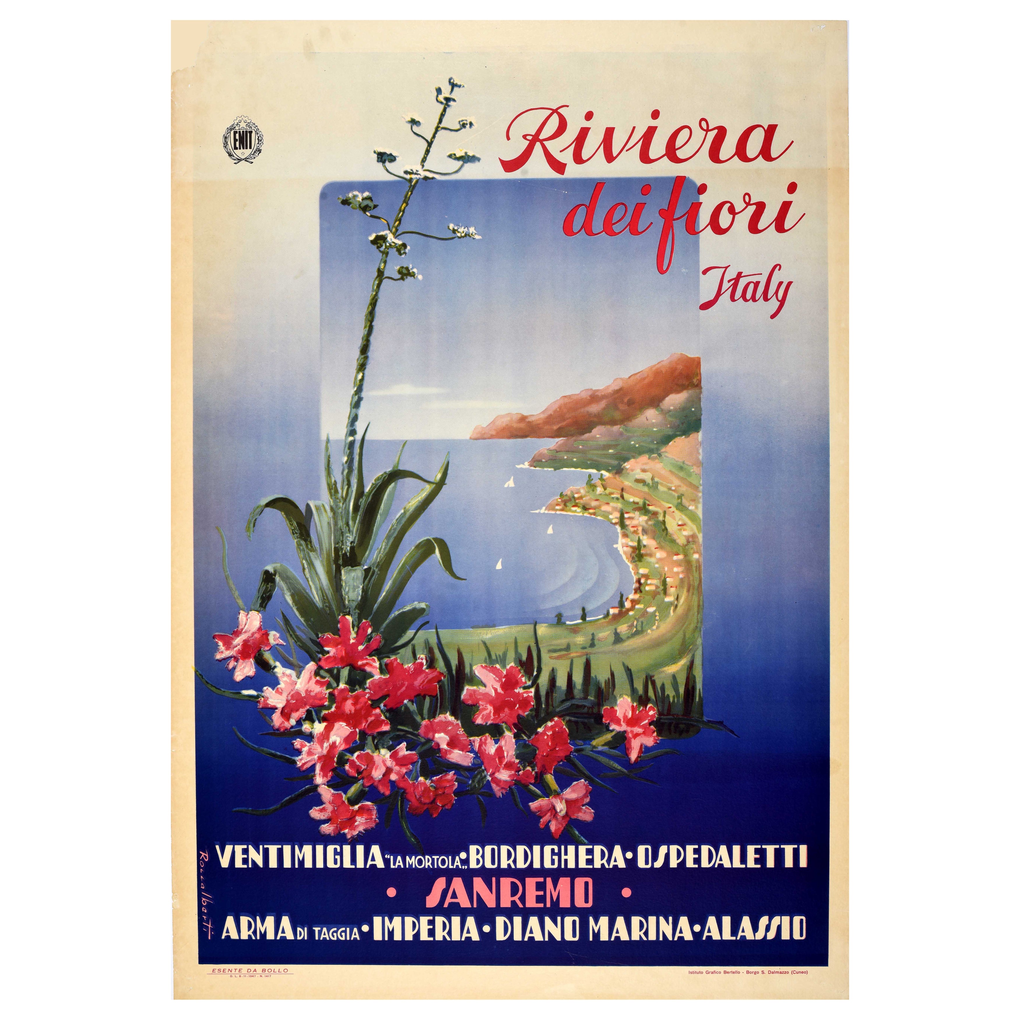 Original Vintage Cartel de Viaje ENIT Sanremo Alassio Riviera Dei Fiori Italia