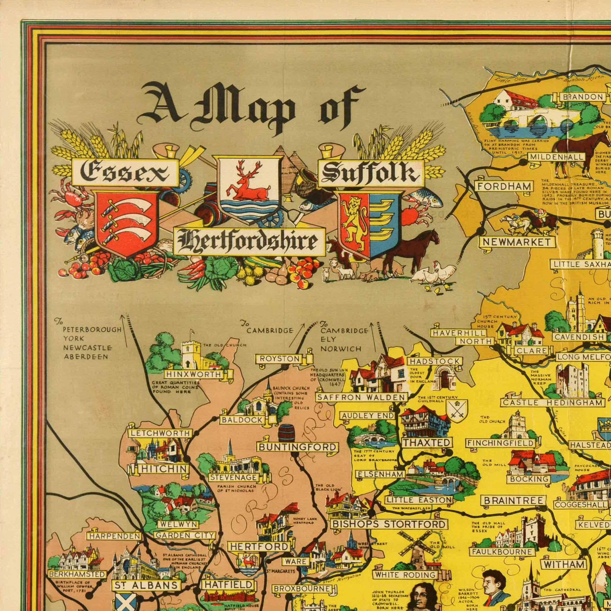 Poster cartografico originale d'epoca - Una mappa dell'Essex Suffolk Hertfordshire prodotta dalle British Railways - con illustrazioni colorate di edifici degni di nota, vecchi mulini a palo, castelli, manieri, torri normanne, chiese, abbazie e