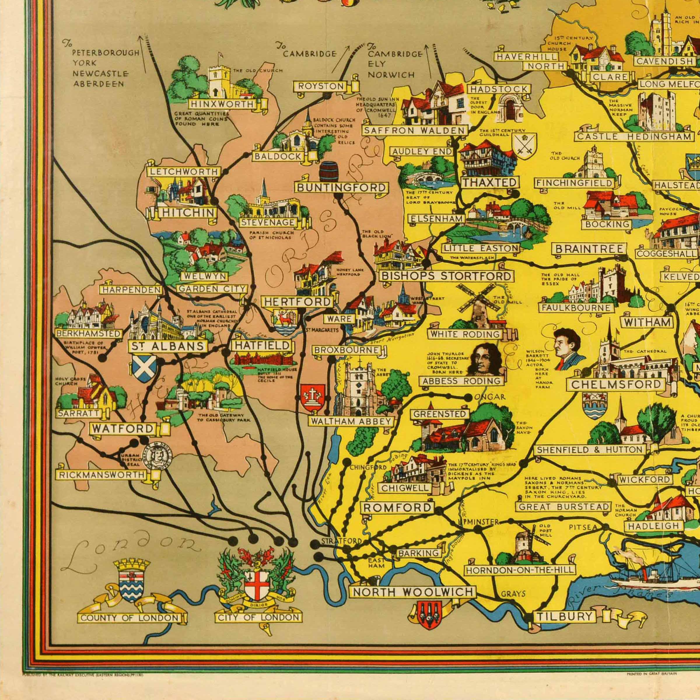 Poster di viaggio originale d'epoca Essex Hertfordshire Suffolk Mappa British Railways In condizioni buone in vendita a London, GB