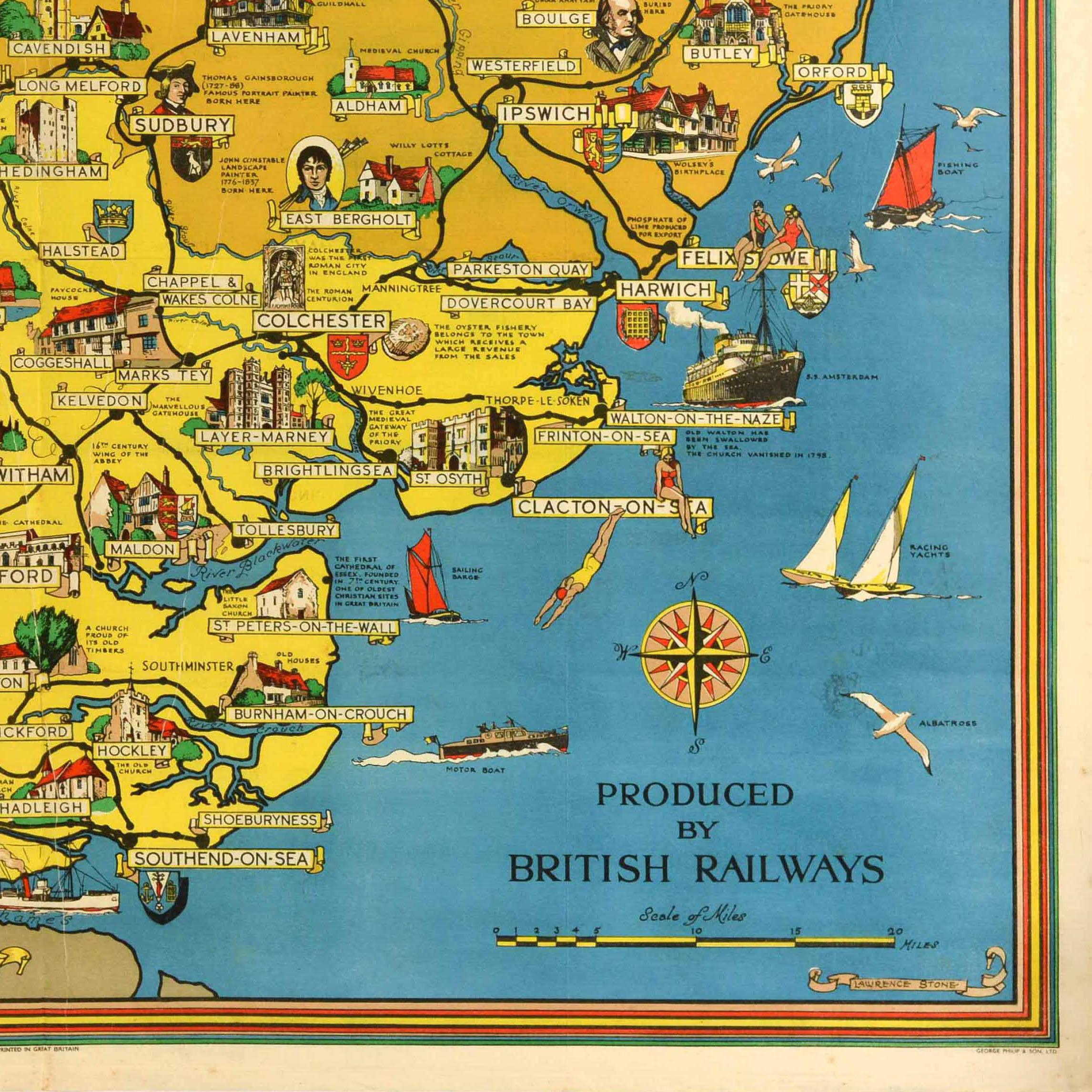 Metà XX secolo Poster di viaggio originale d'epoca Essex Hertfordshire Suffolk Mappa British Railways in vendita