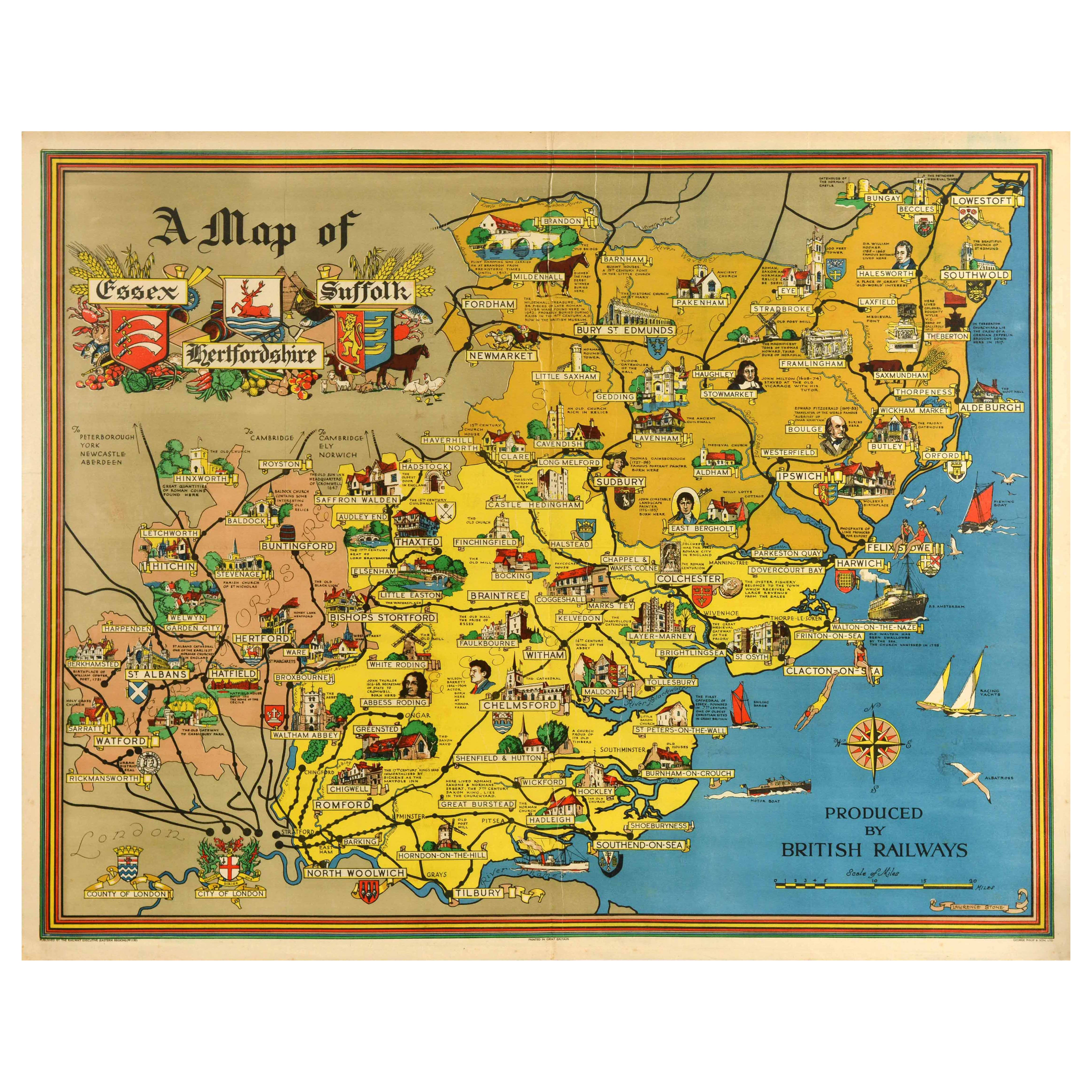 Poster di viaggio originale d'epoca Essex Hertfordshire Suffolk Mappa British Railways