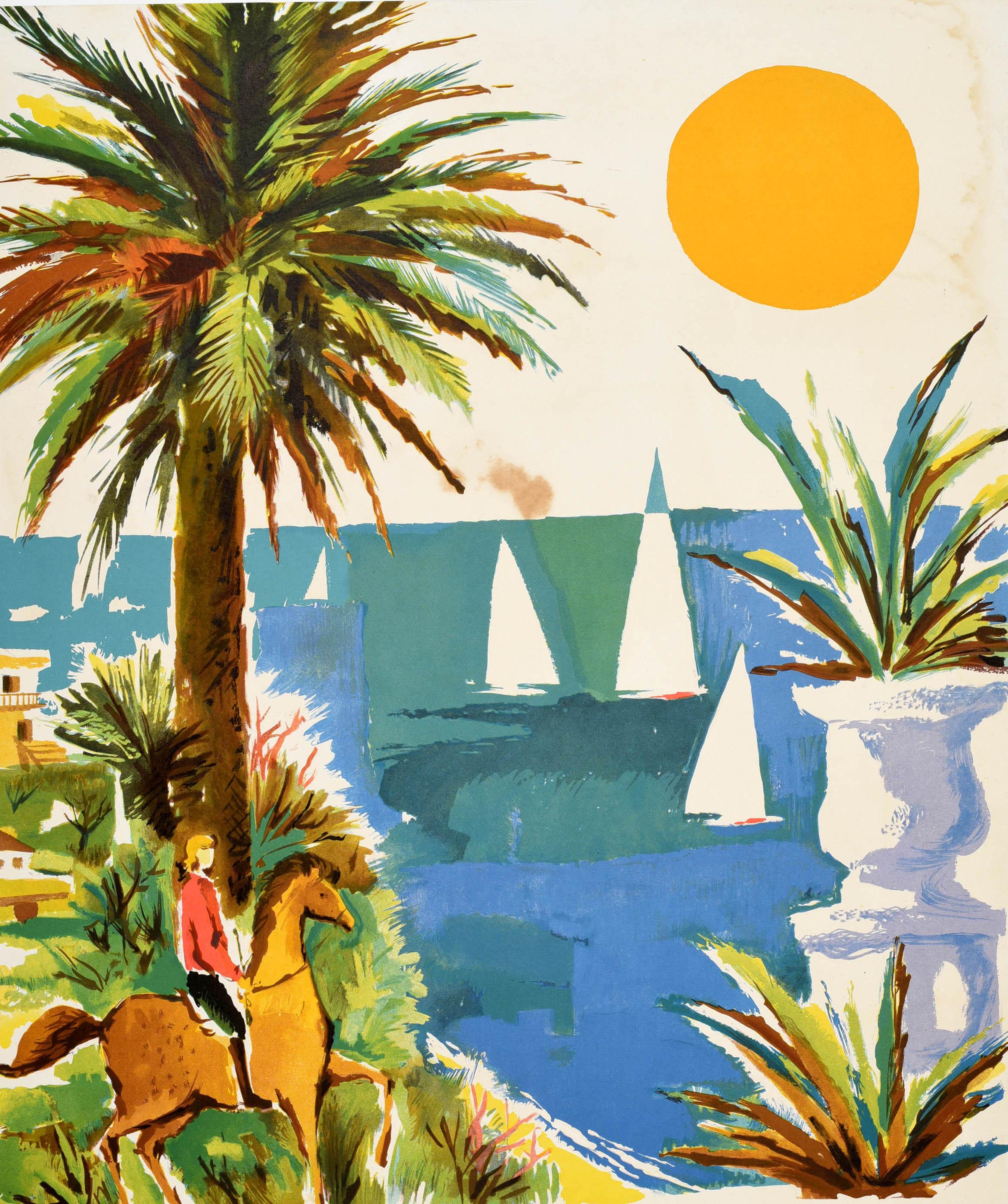 Original vintage travel poster - Estoril Portugal Vacaciones al sol / Holidays in the sun - featuring a colourful illustration of the coast with a lady riding a horse by a palm tree in the foreground, a sandy beach with sailing boats at sea and a