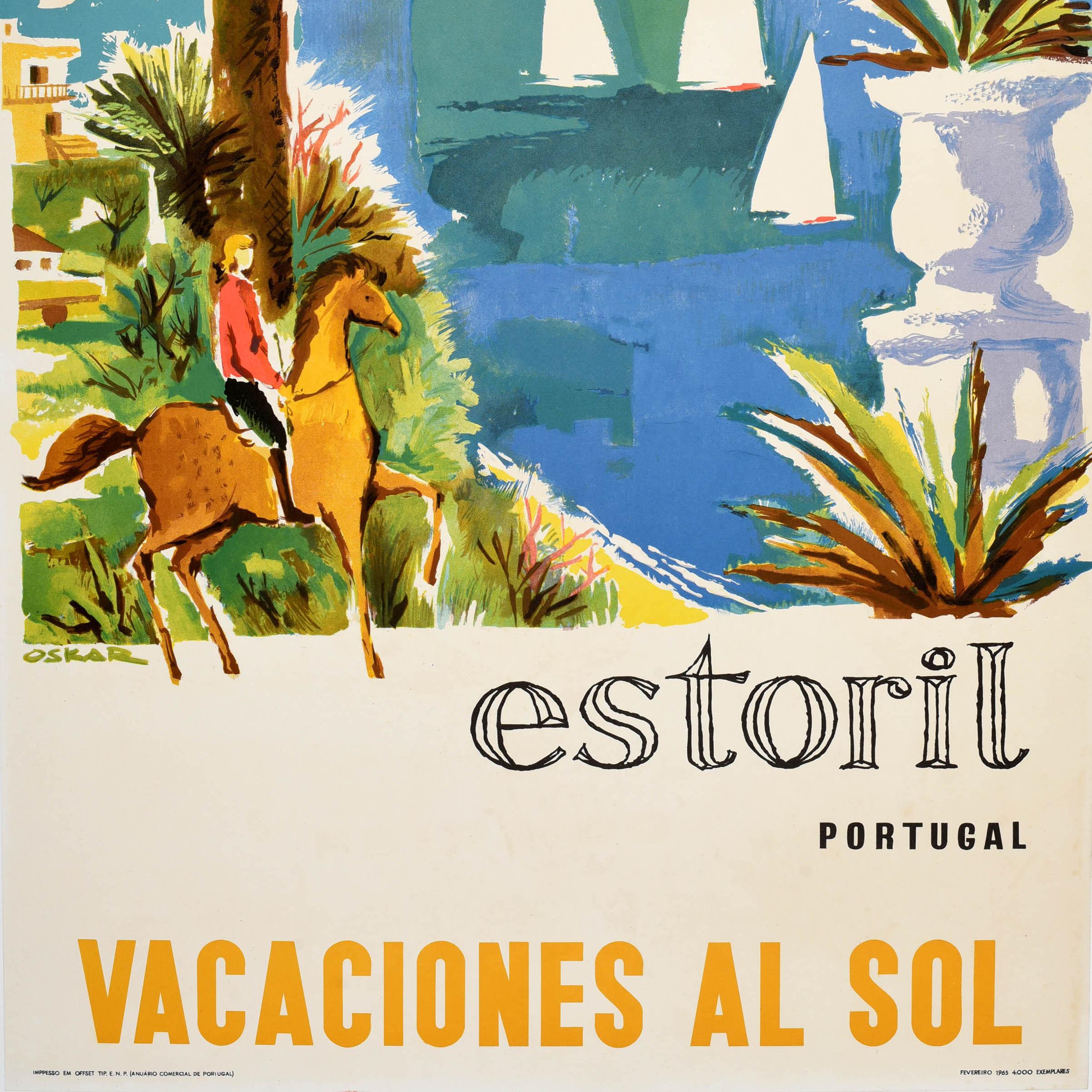 Portugais Affiche de voyage vintage d'origine Estoril Portugal, vacances au bord de la plage en vente