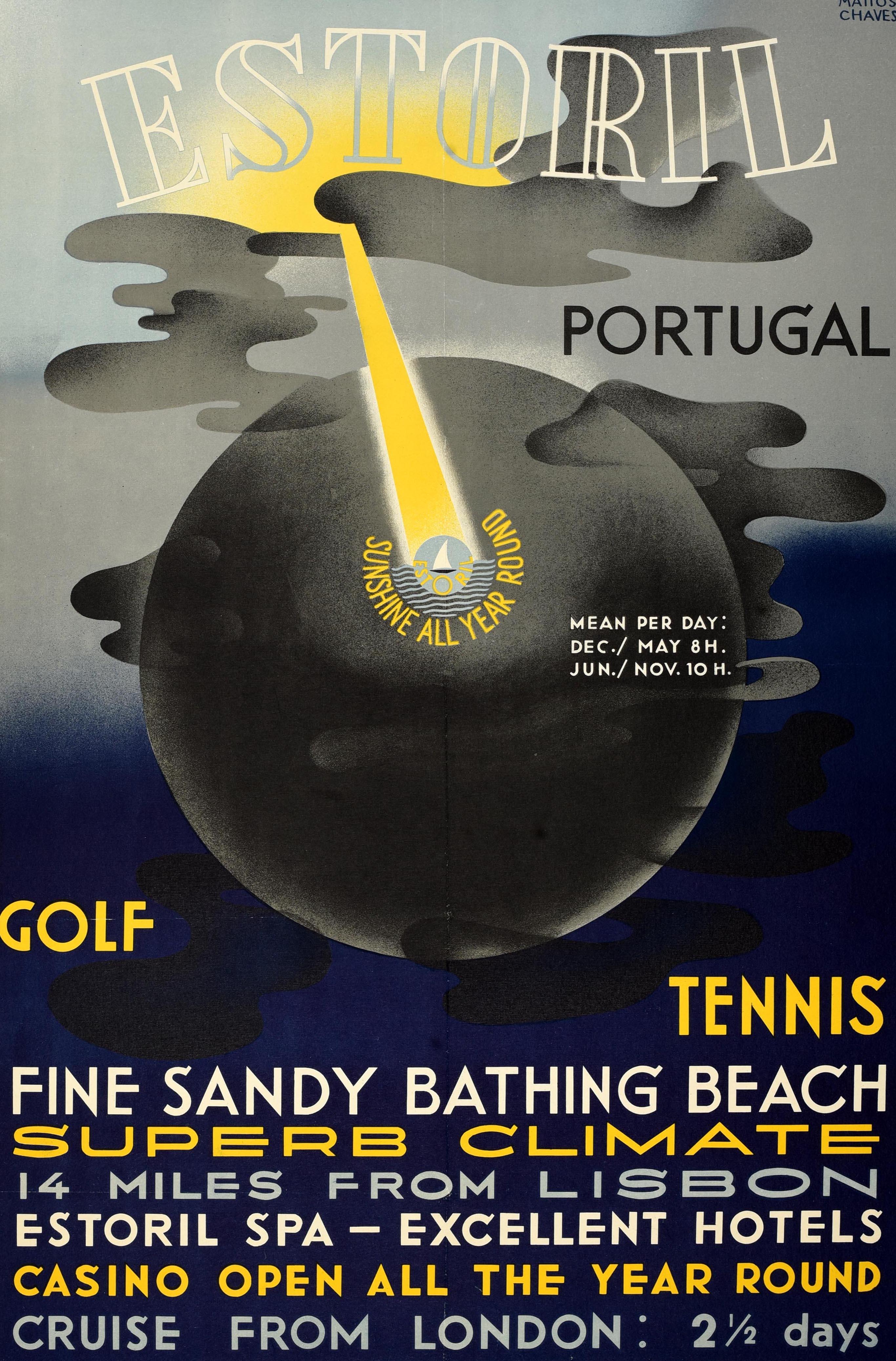 Original vintage travel poster for Estoril Portugal Sunshine All Year Round featuring a great design depicting a globe shrouded in grey winter darkness with a bright beam of yellow from the sun shining through the clouds to light up the Portuguese