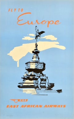 Original Vintage Travel Poster Europe Eros Fountain London EAA Piccadilly Circus