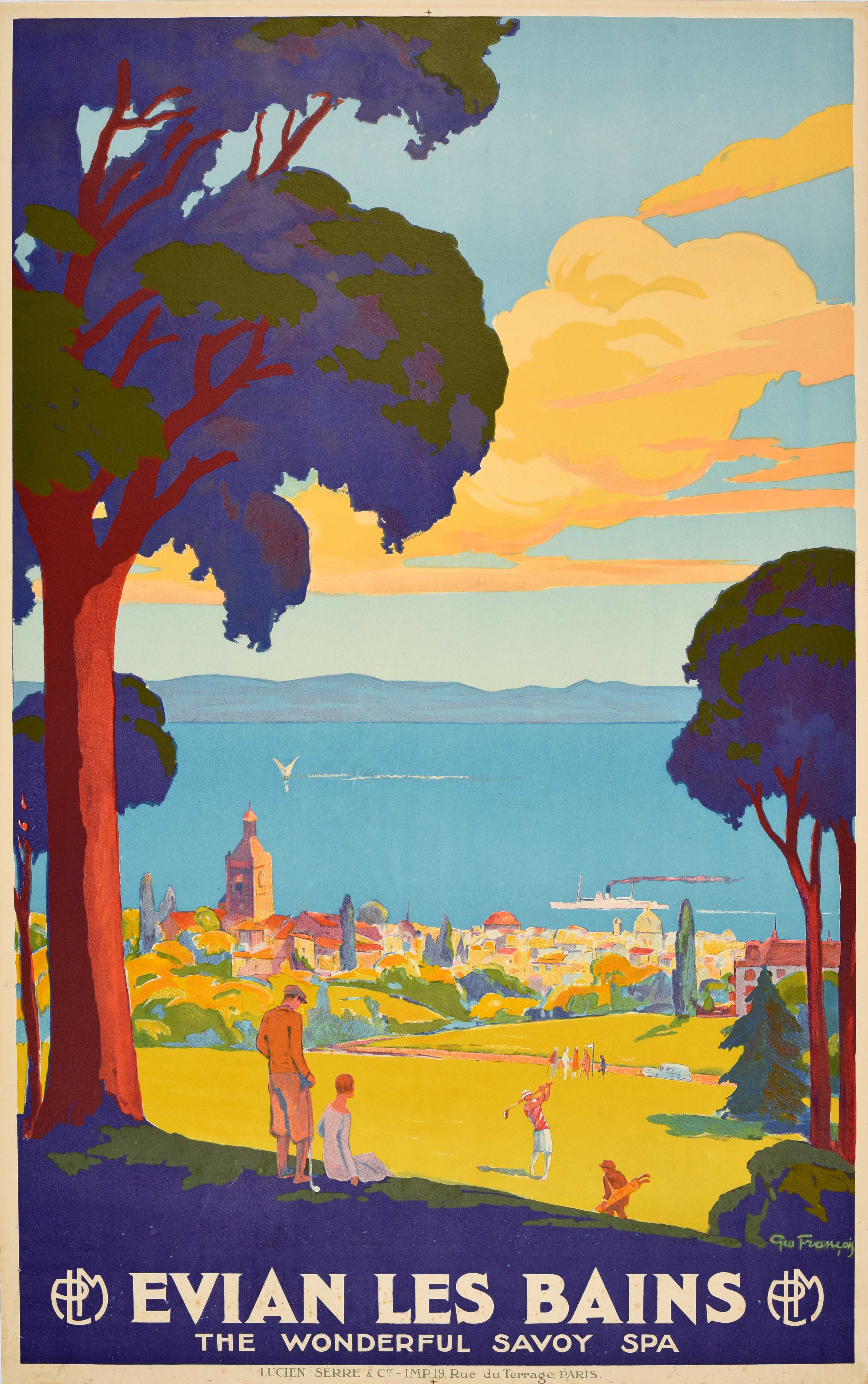 Original Vintage Travel Poster Evian Les Bains Art Deco Golf PLM France Railway