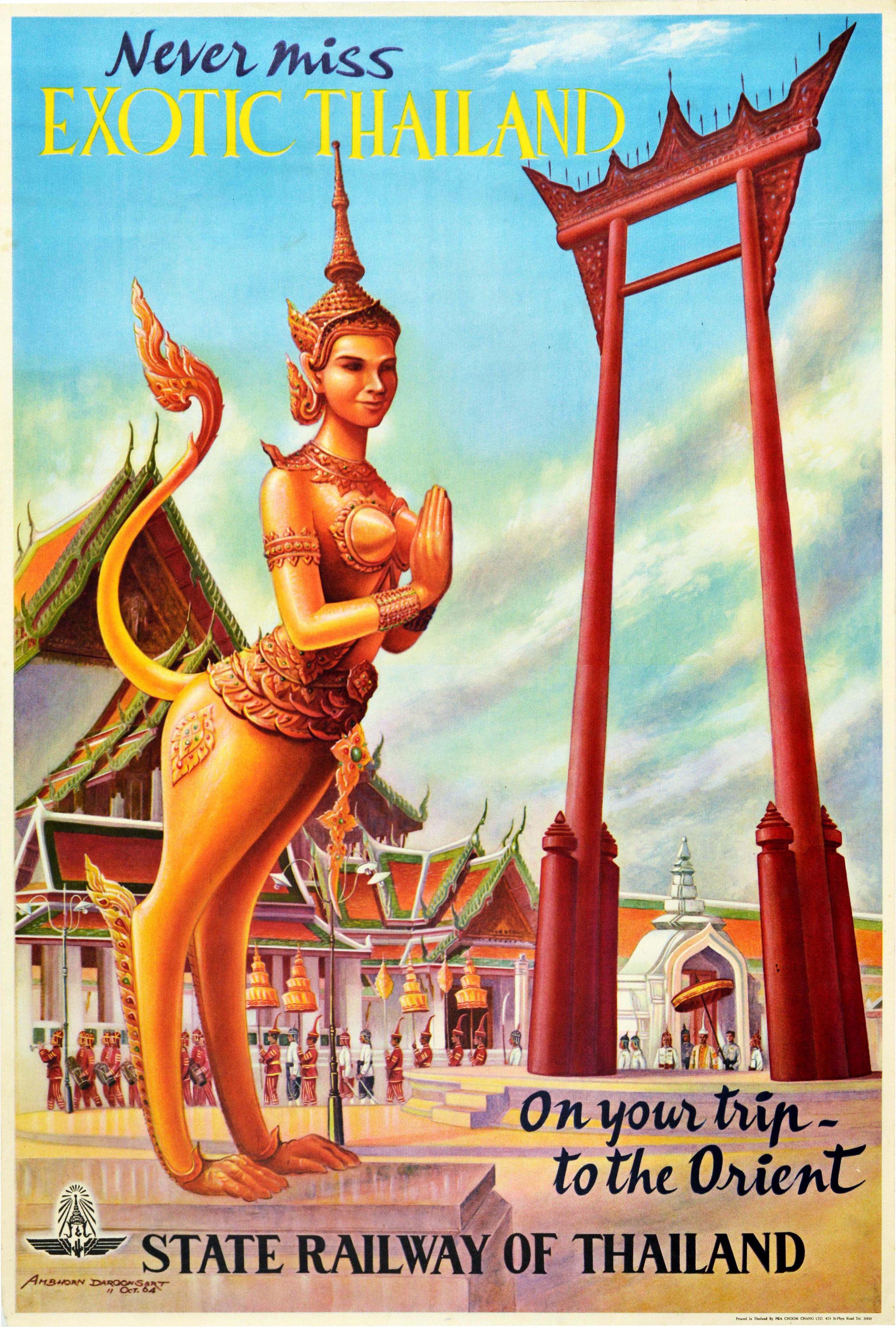 Original vintage travel poster issued by the State Railway of Thailand - Never Miss Exotic Thailand On Your Trip to the Orient - featuring a colourful design showing a gold statue in front of a procession of people walking by a traditional style