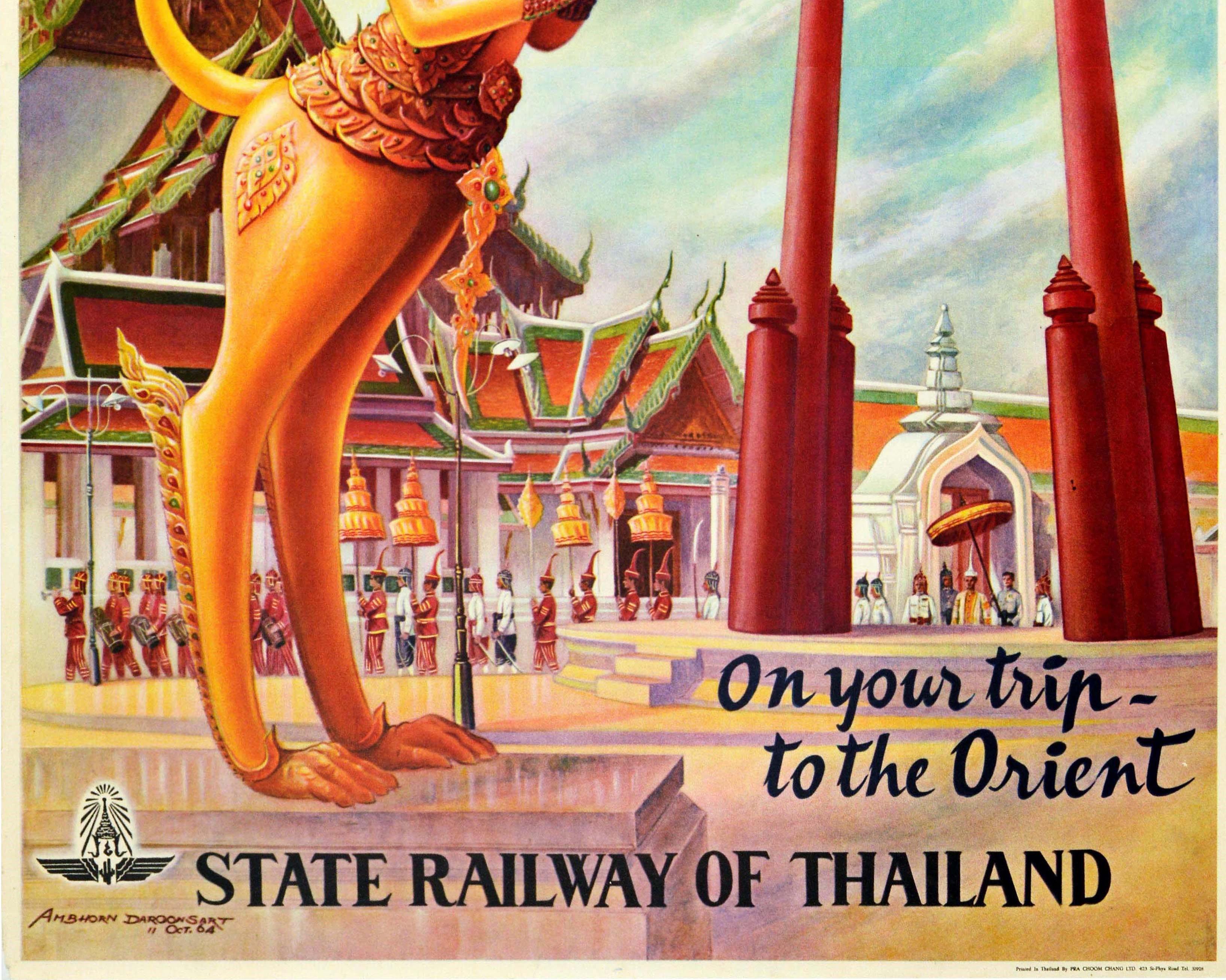 Thaïlandais Affiche rétro originale de voyage, Exotique Thaïlande, État, Chemin de fer, Porte de temple, Orient en vente