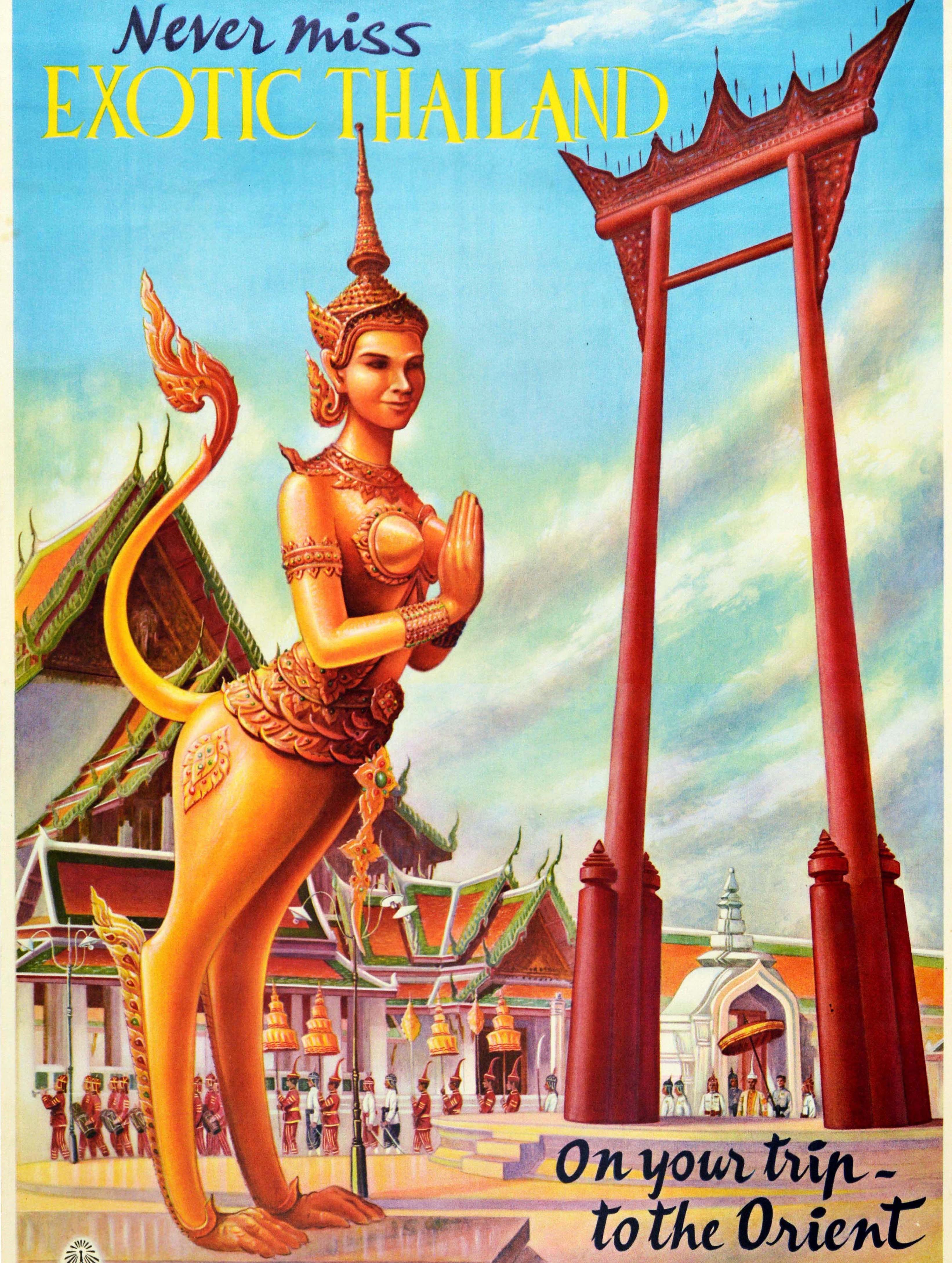 Affiche rétro originale de voyage, Exotique Thaïlande, État, Chemin de fer, Porte de temple, Orient Bon état - En vente à London, GB