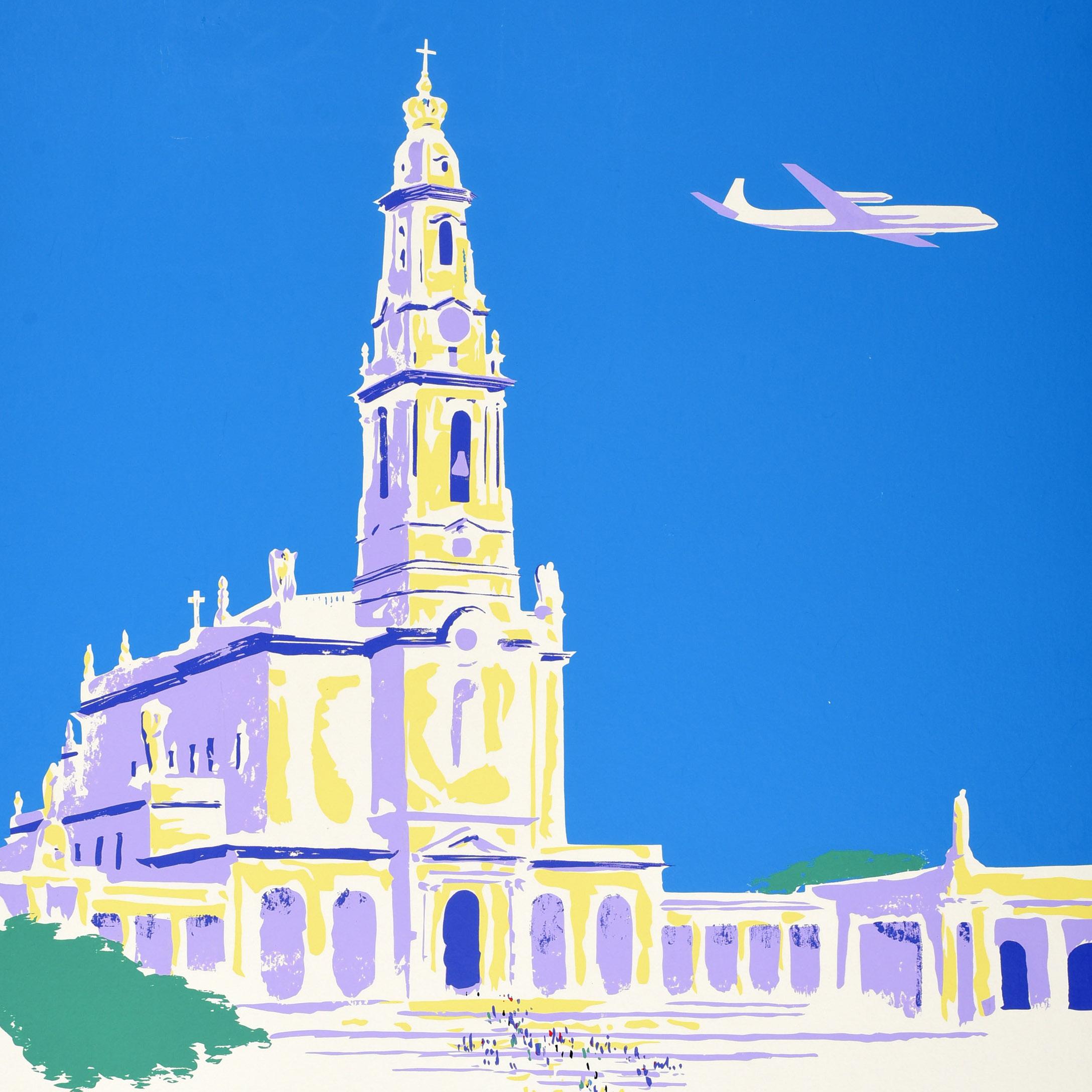 Original vintage travel poster for Fatima Irish International Airlines The Friendly Airline featuring people walking in front of the Basilica of Our Lady of the Rosary in the Sanctuary of Fatima in Portugal with a plane flying above near the bell