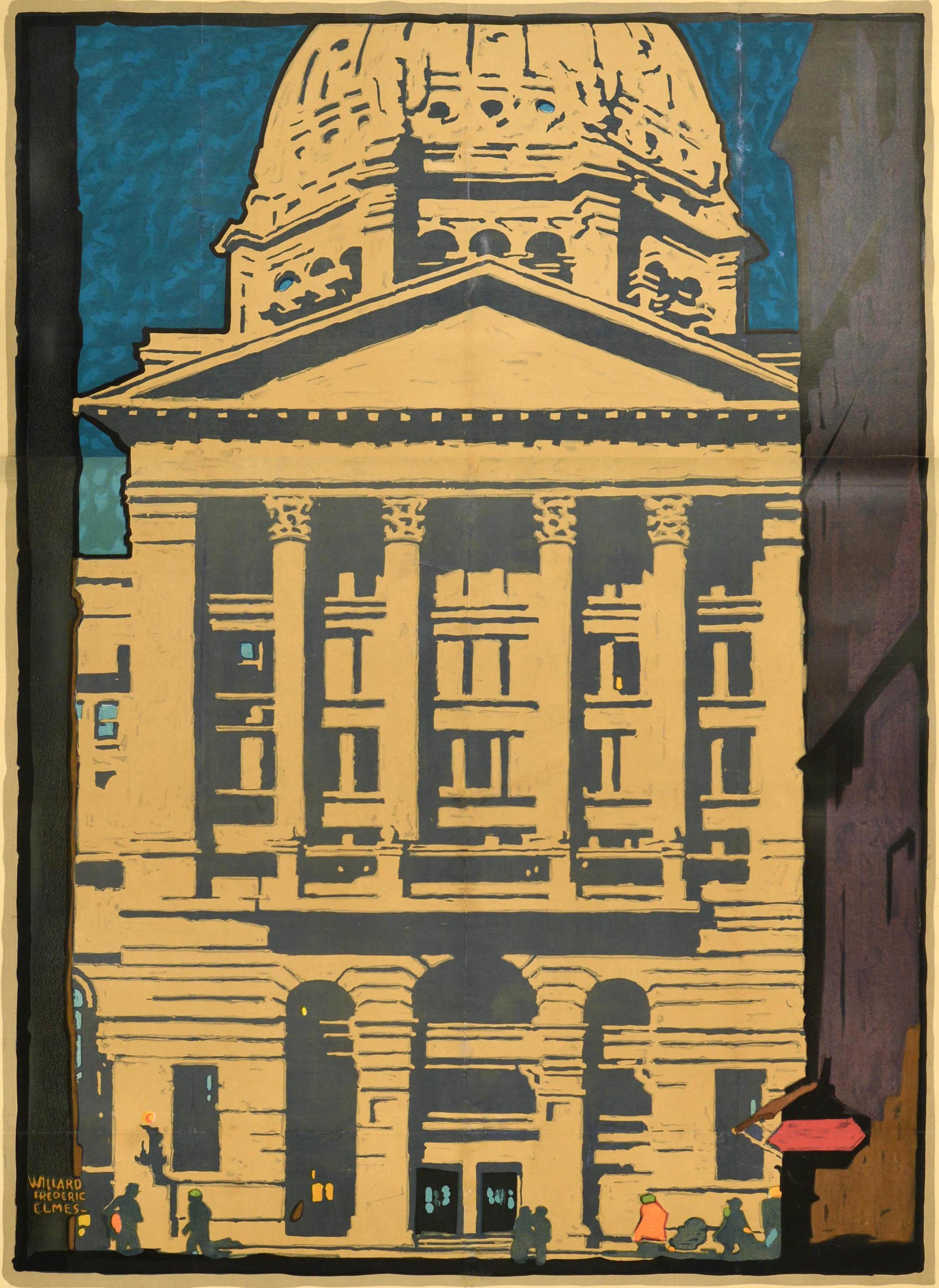 Original vintage travel poster - Federal Building by the Chicago Rapid Transit - featuring great artwork by Willard Frederick Elms (1900-1956) depicting silhouettes of people walking in front of the Beaux-Arts style architecture building with the
