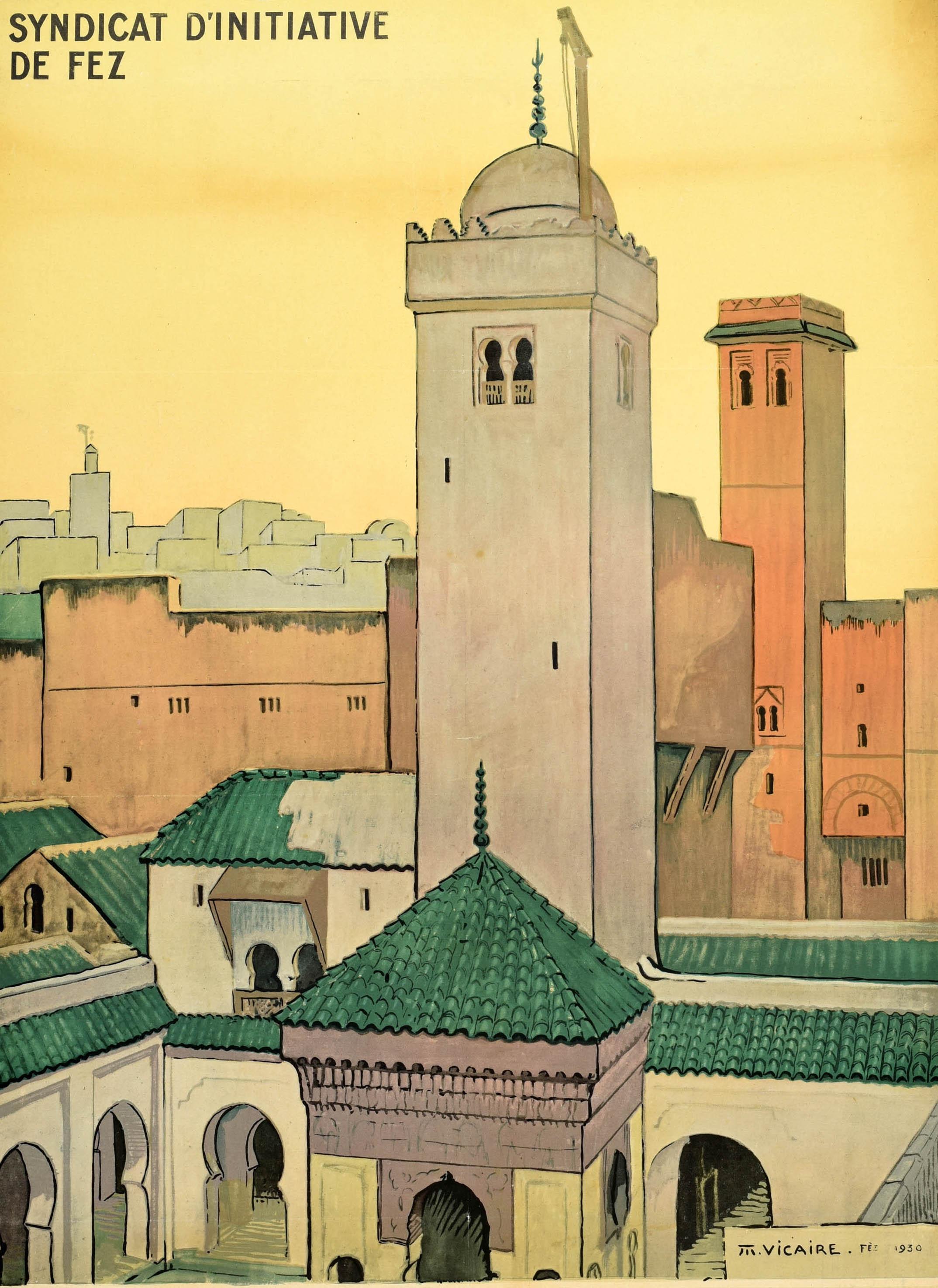 Original vintage travel poster for Fez in Morocco North Africa - Come and visit the mysterious Fez / Venez Visiter Fez la Mysterieuse - featuring a view over the city and historic University of al-Qarawiyyin with green roof tiles and arches around