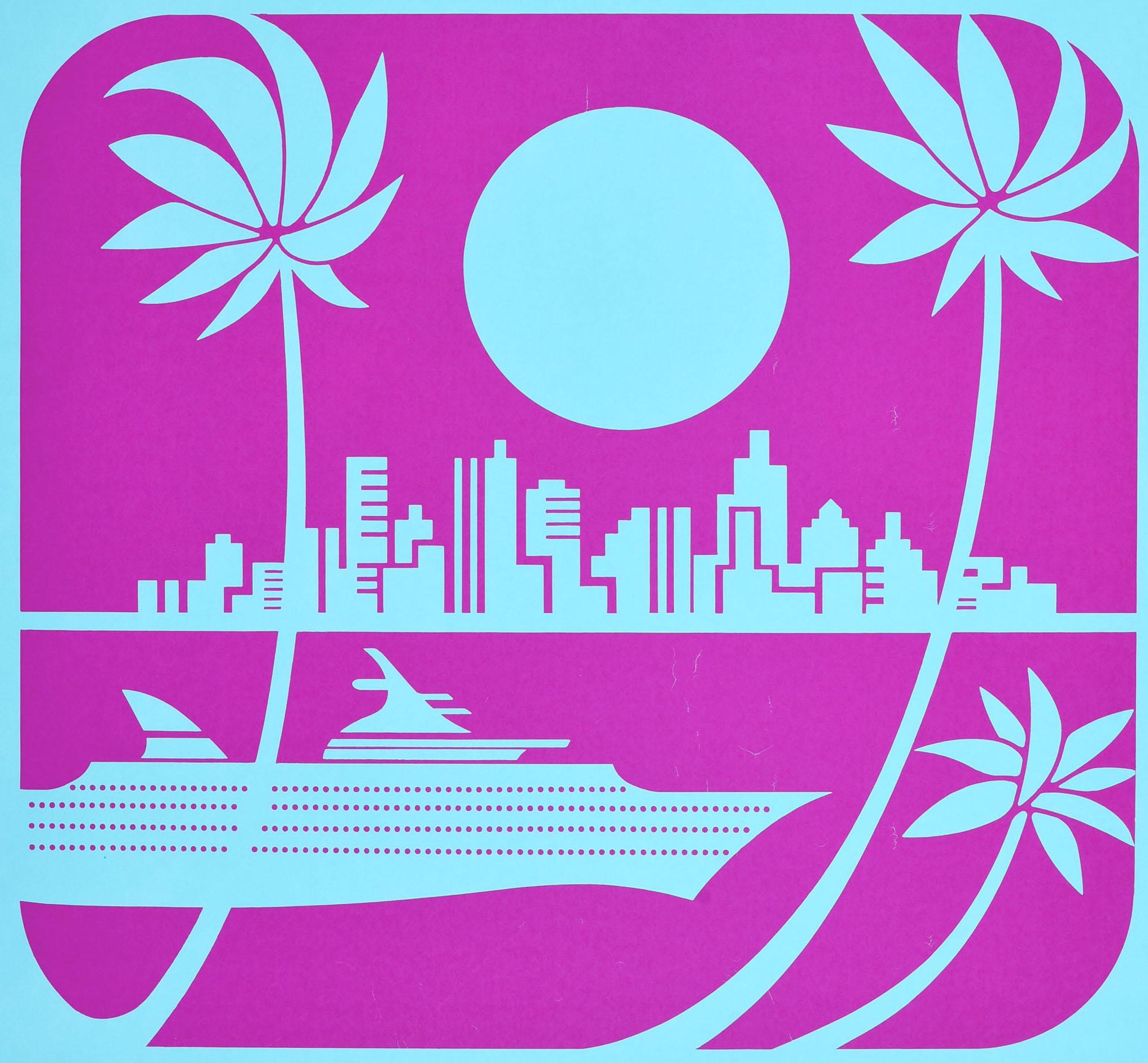 Original vintage travel poster for Florida Bahamas Caribbean issued by Western Airlines featuring a great image of a ship sailing past a city with a sun above and palm trees in the foreground. The California based airline Western Airlines was formed