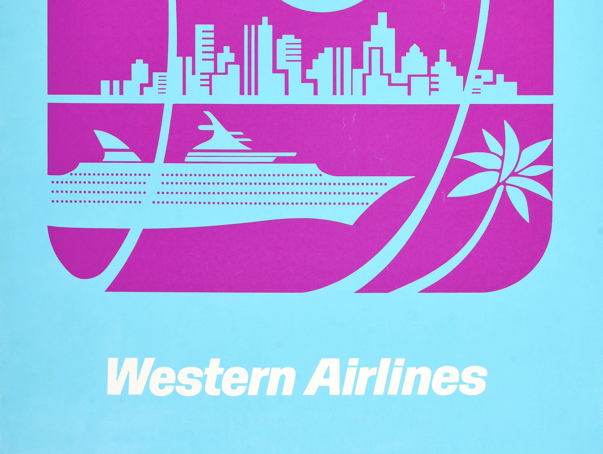 American Original Vintage Travel Poster Florida Bahamas Caribbean Western Airlines Palm