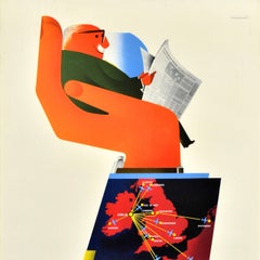 Original Vintage Travel Poster Fly Aer Lingus Travel The Easy Way Midcentury Art