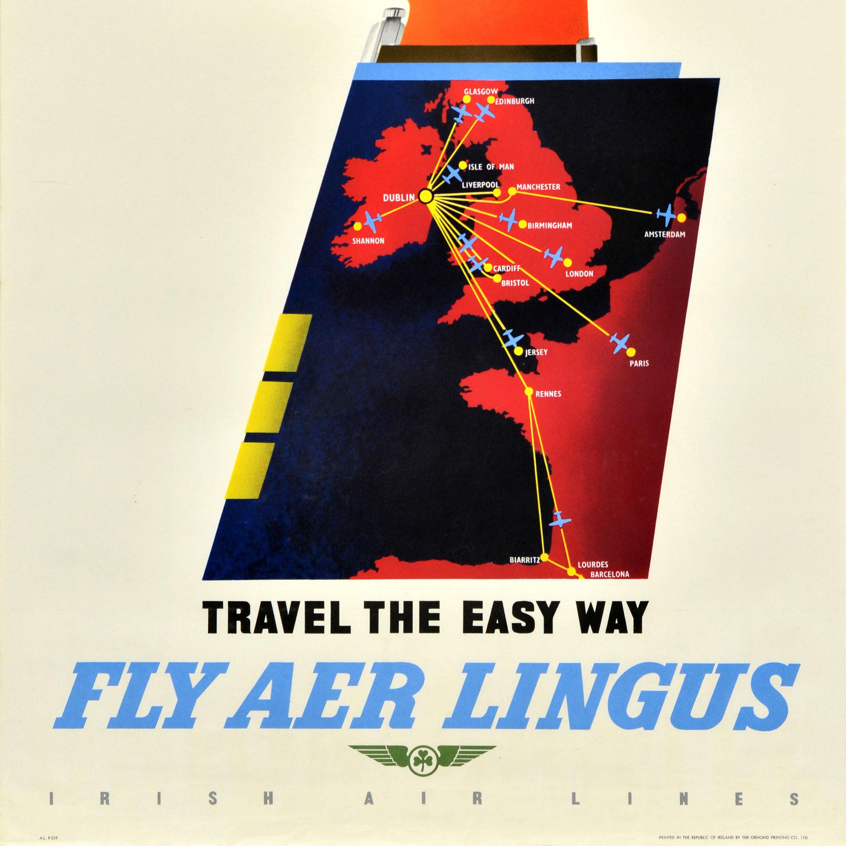 Irish Original Vintage Travel Poster Fly Aer Lingus Travel The Easy Way Midcentury Art For Sale