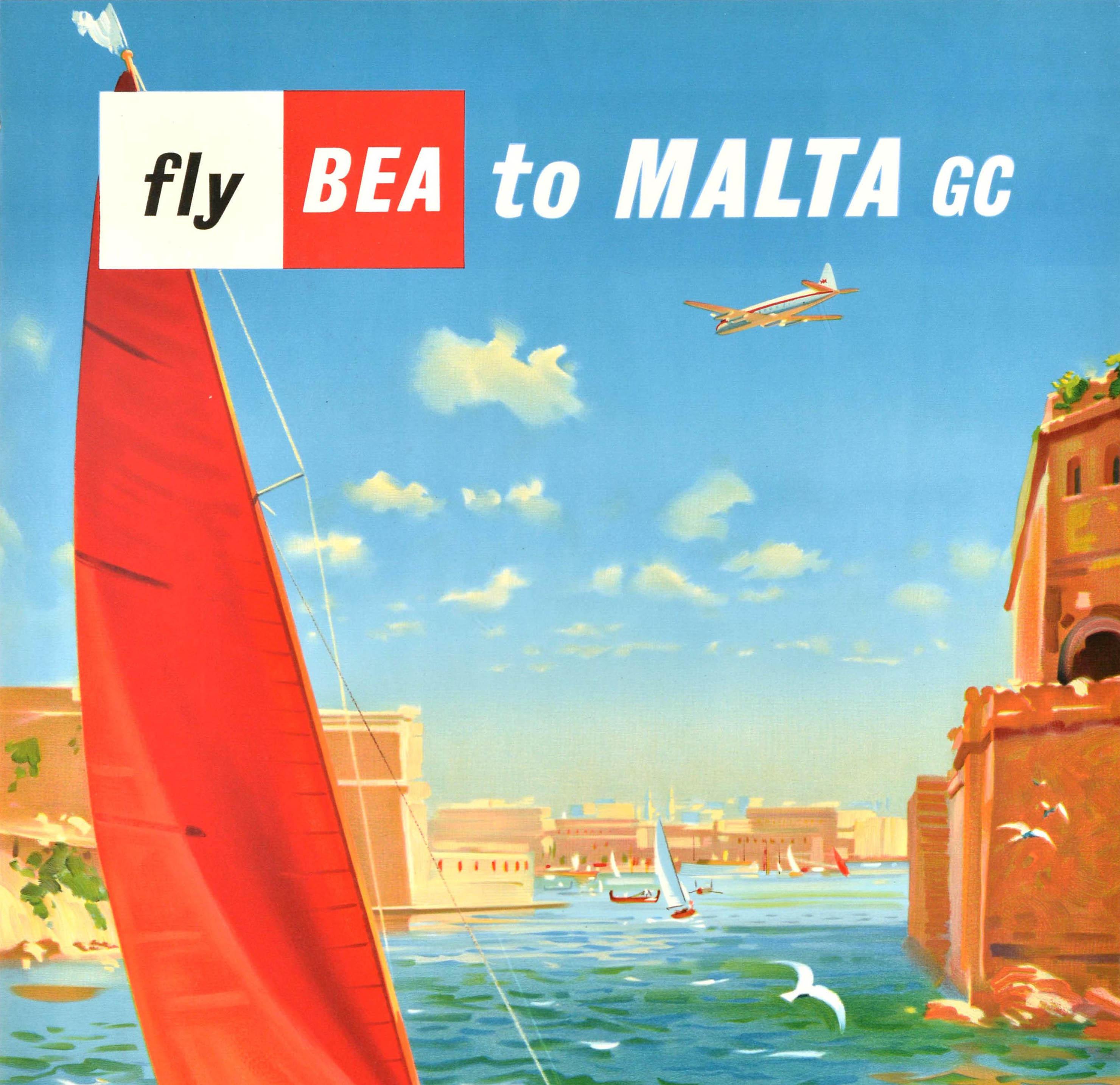 British Original Vintage Travel Poster Fly BEA To Malta Sailing Valetta Grand Harbour For Sale