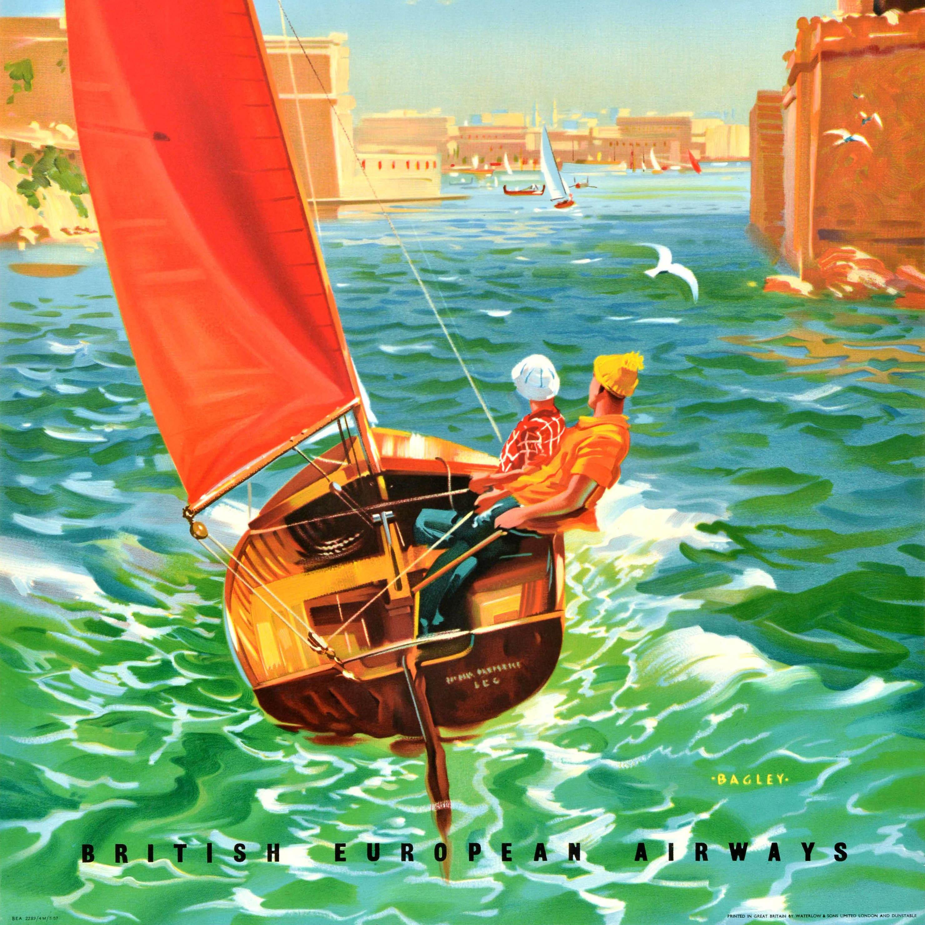 Original Vintage Travel Poster Fly BEA To Malta Sailing Valetta Grand Harbour In Good Condition For Sale In London, GB