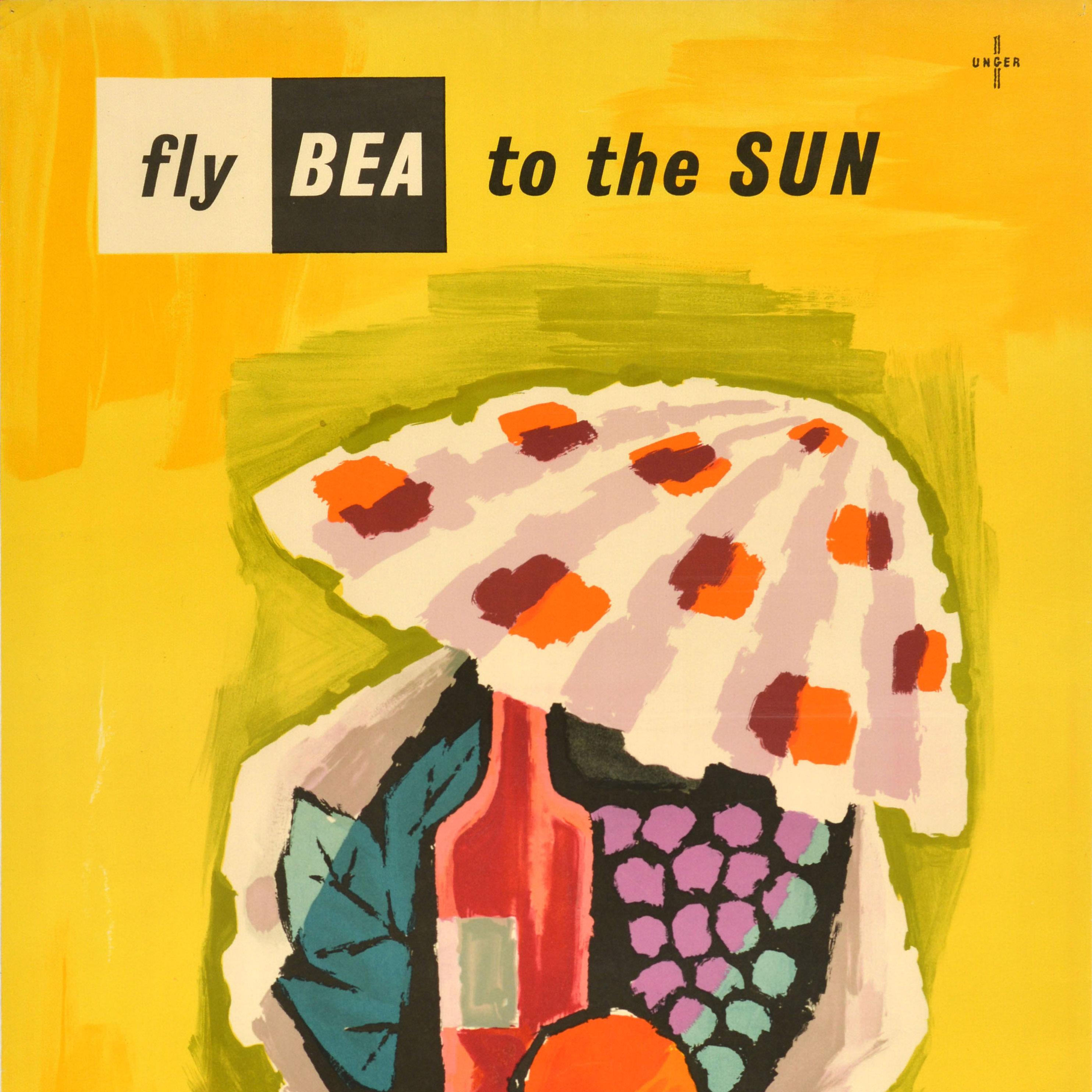 Britannique Affiche rétro originale de voyage Fly BEA To The Sun Sea Shell Wine de Hans Unger Art en vente