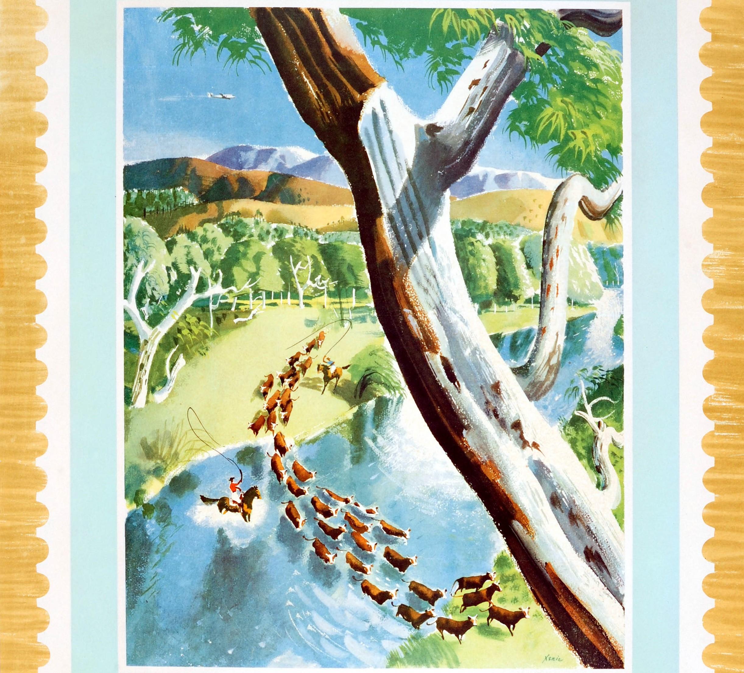 British Original Vintage Travel Poster Fly BOAC & Qantas Australia Postage Stamp Design For Sale