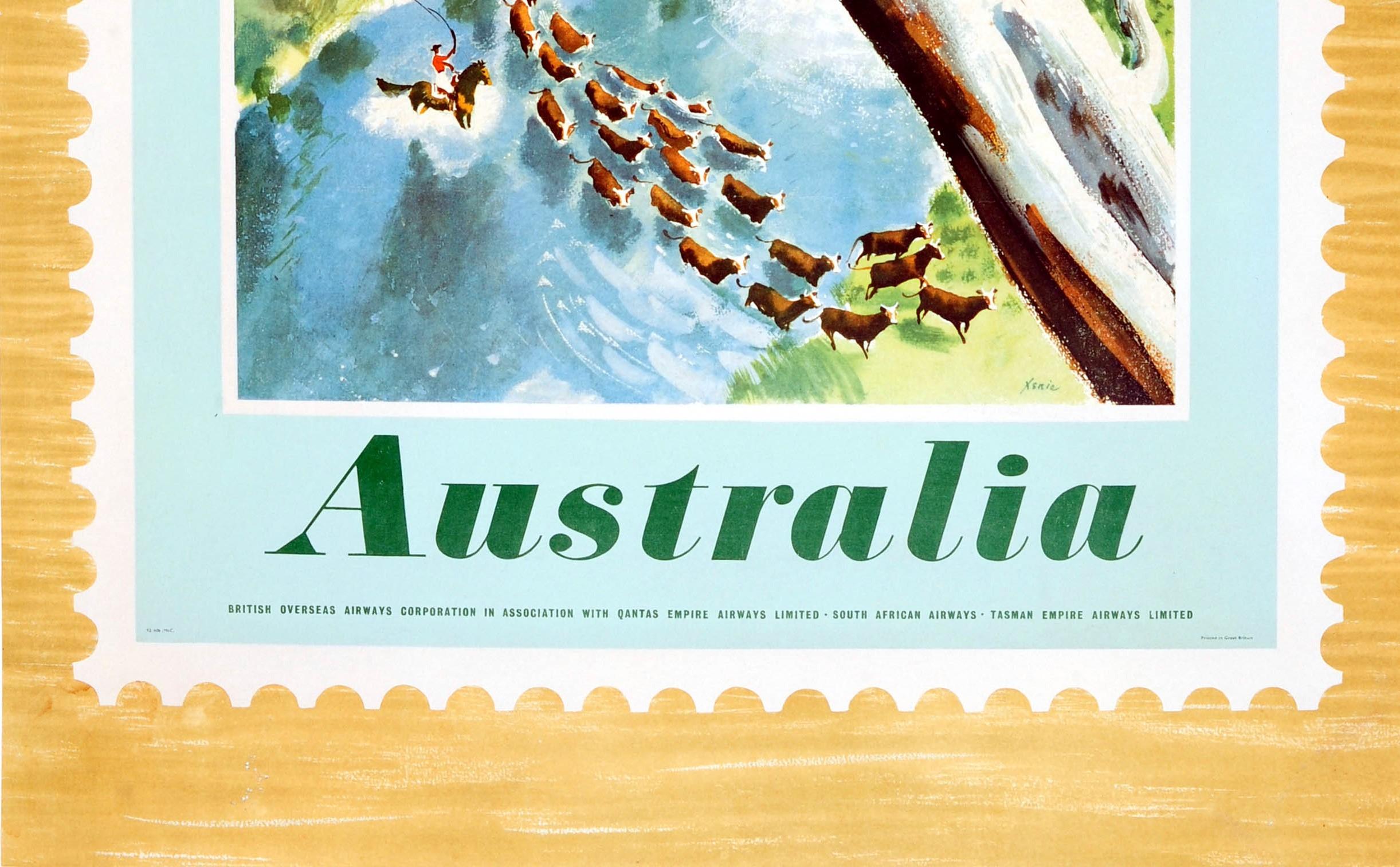 Original Vintage Travel Poster Fly BOAC & Qantas Australia Postage Stamp Design In Good Condition For Sale In London, GB