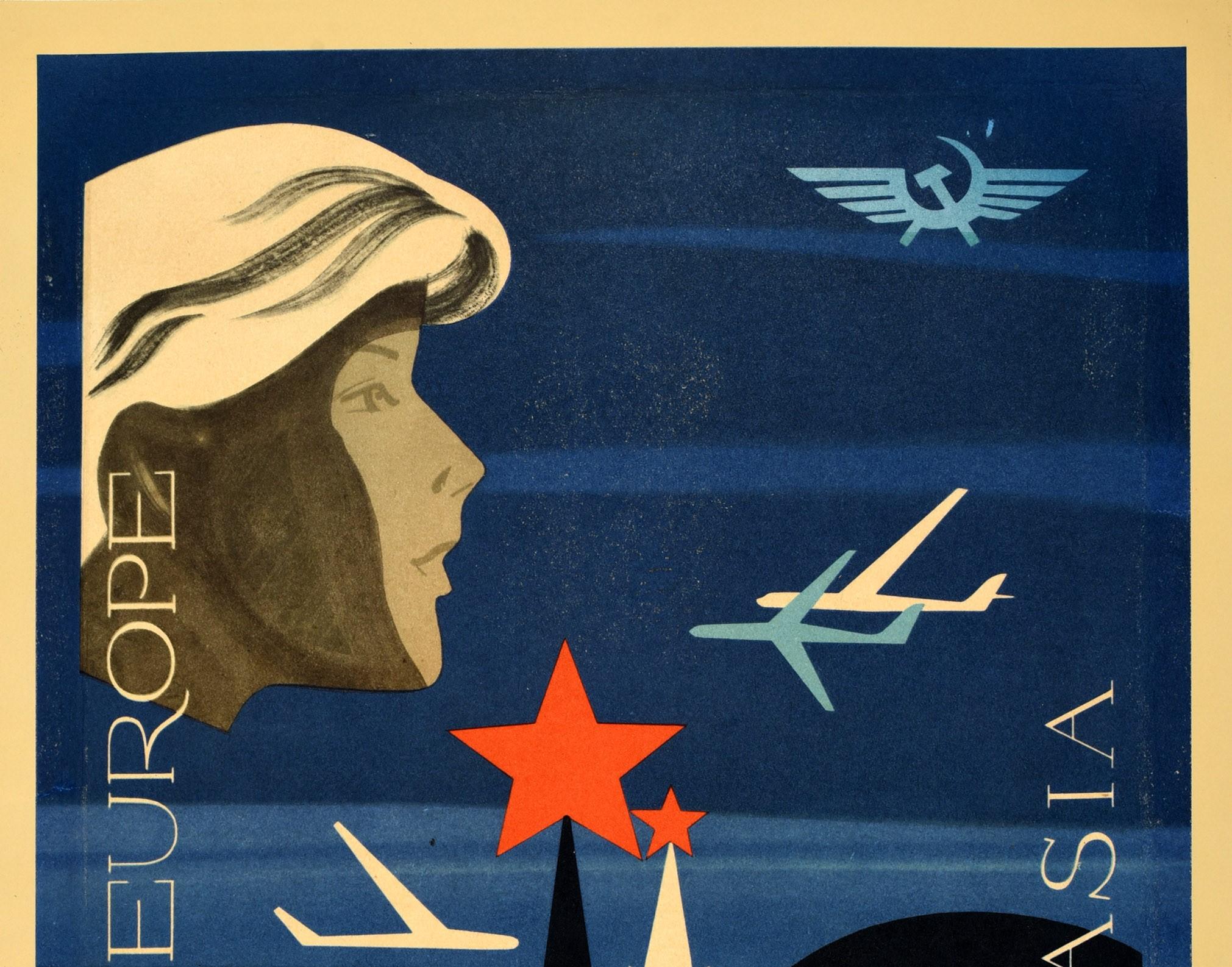 Original vintage travel poster - Fly by Aeroflot The Shortest Way from Europe to Asia via USSR - featuring a mid-century design depicting planes flying by stylised images of the historic Moscow Kremlin towers topped by red stars in the centre, the