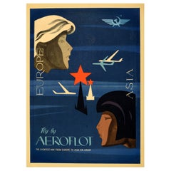 Poster di viaggio originale d'epoca Fly By Aeroflot Europe Asia Midcentury Modern Art