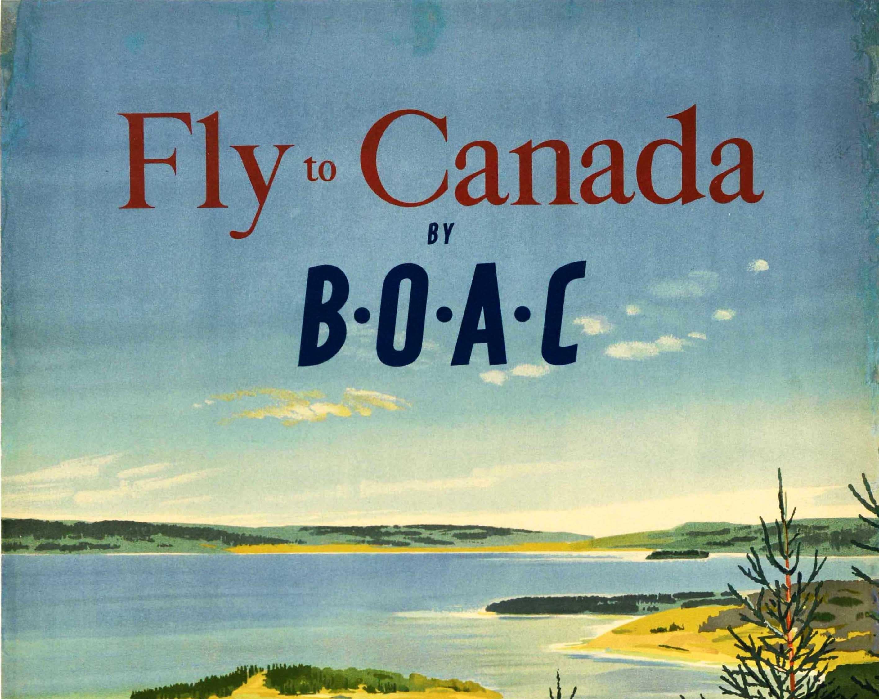 Original vintage travel poster - Fly to Canada by BOAC - featuring scenic artwork by Paul Chater (1879-1949) depicting a boat on calm blue water with an island and hills on the horizon, a sandy beach and cliff by the jetty with people walking and a