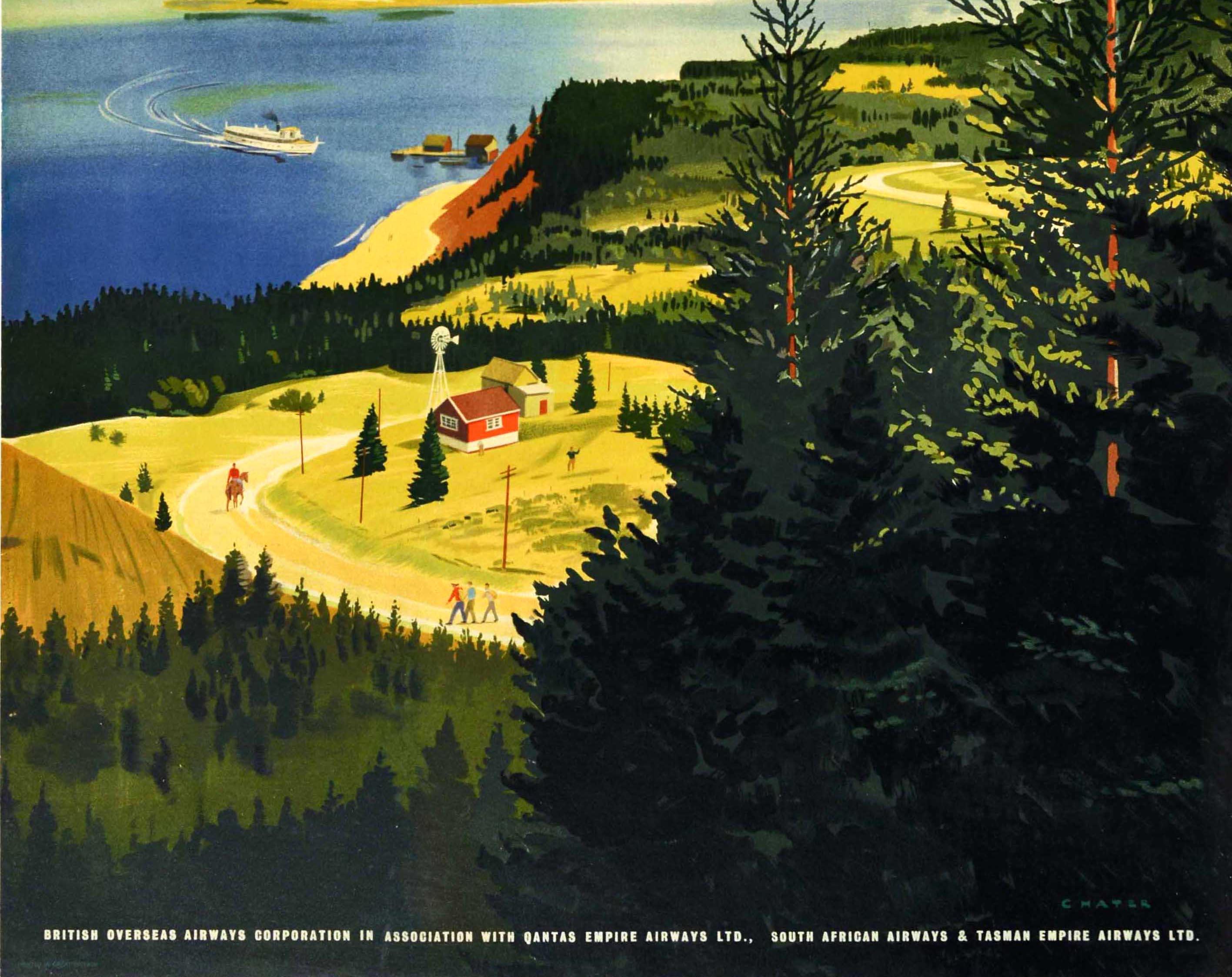 British Original Vintage Travel Poster Fly Canada BOAC Airline Paul Chater Scenic Art For Sale