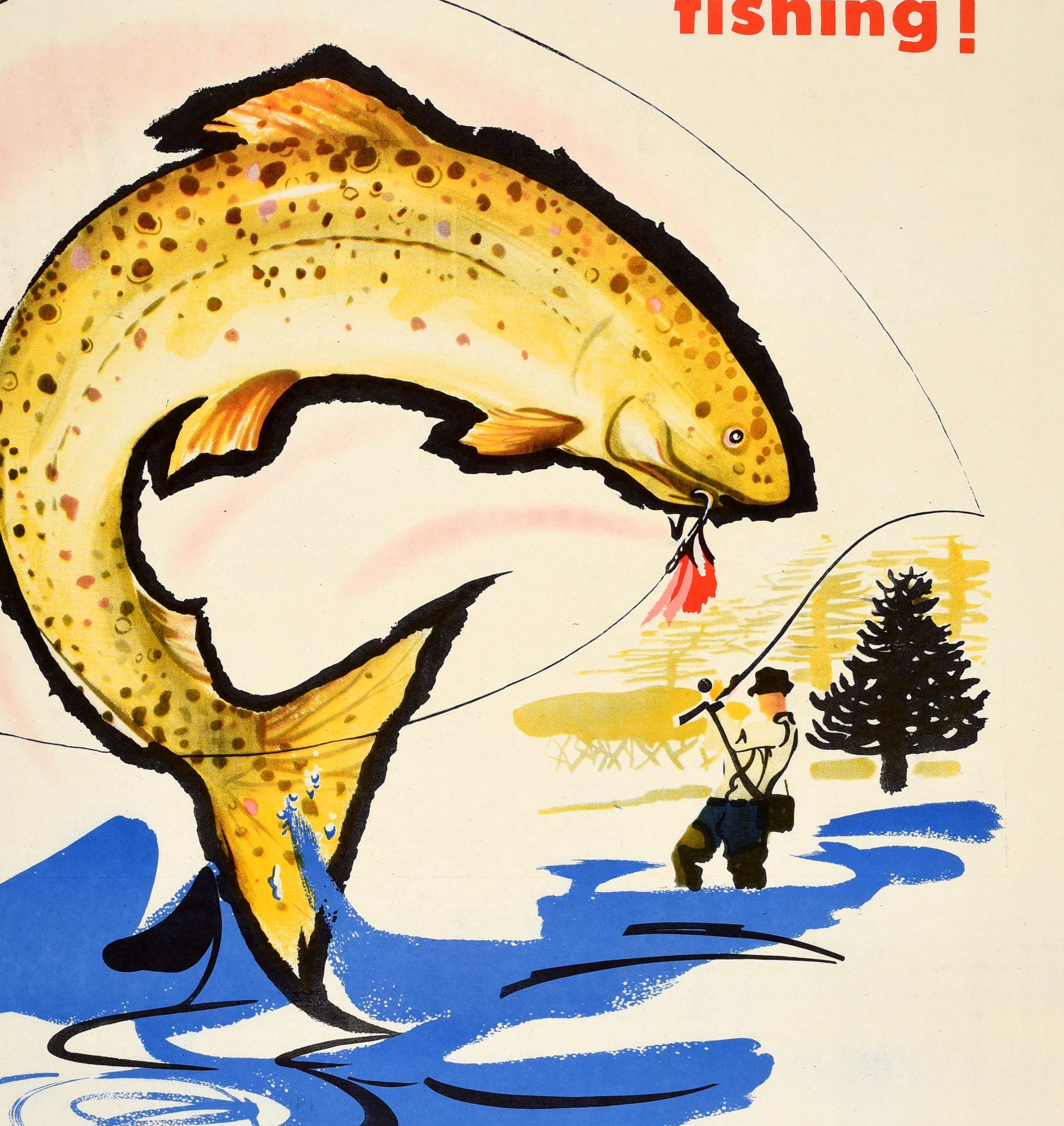 Affiche de voyage vintage originale faisant la promotion de la pêche en Argentine, émise par la Direccion Nacional de Turismo / Direction nationale du tourisme. L'illustration dynamique représente une truite capturée par un hameçon à l'aide d'une