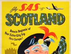 Original Vintage Travel Poster Fly SAS To Scotland Bonnie Beginnin' Thru Europe