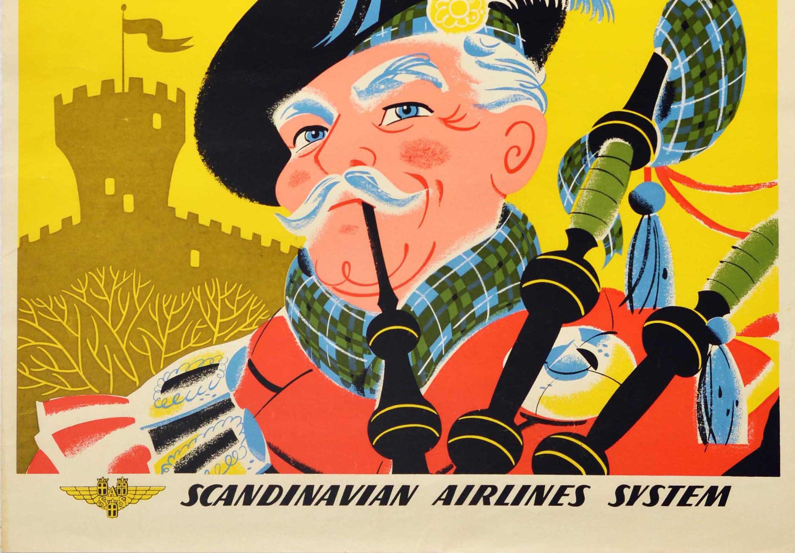 Danese Poster di viaggio originale d'epoca Fly SAS To Scotland Bonnie Beginnin' Thrue Europe in vendita