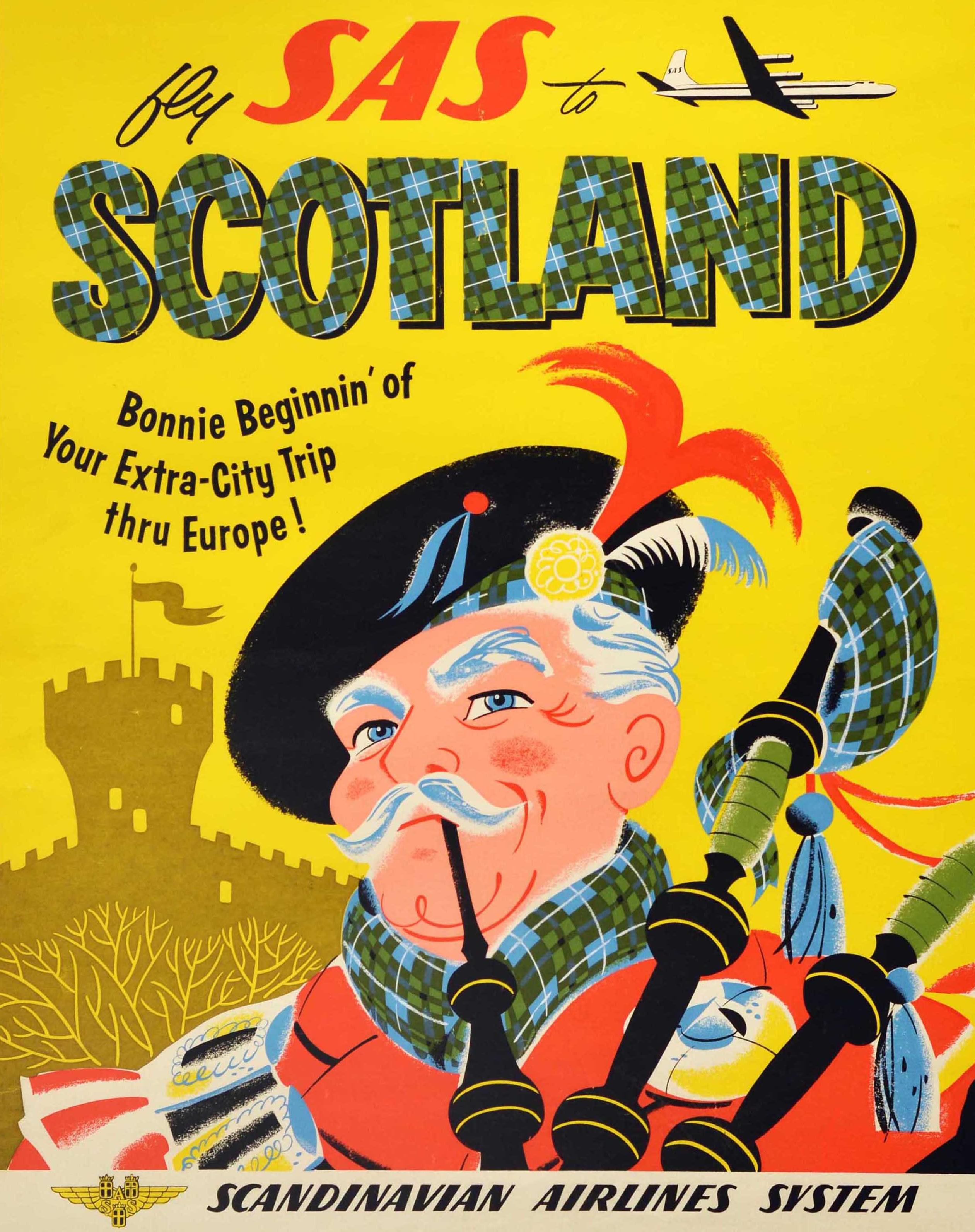 Poster di viaggio originale d'epoca Fly SAS To Scotland Bonnie Beginnin' Thrue Europe In condizioni buone in vendita a London, GB