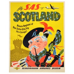 Original Vintage Travel Poster Fly SAS To Scotland Bonnie Beginnin' Thru Europe