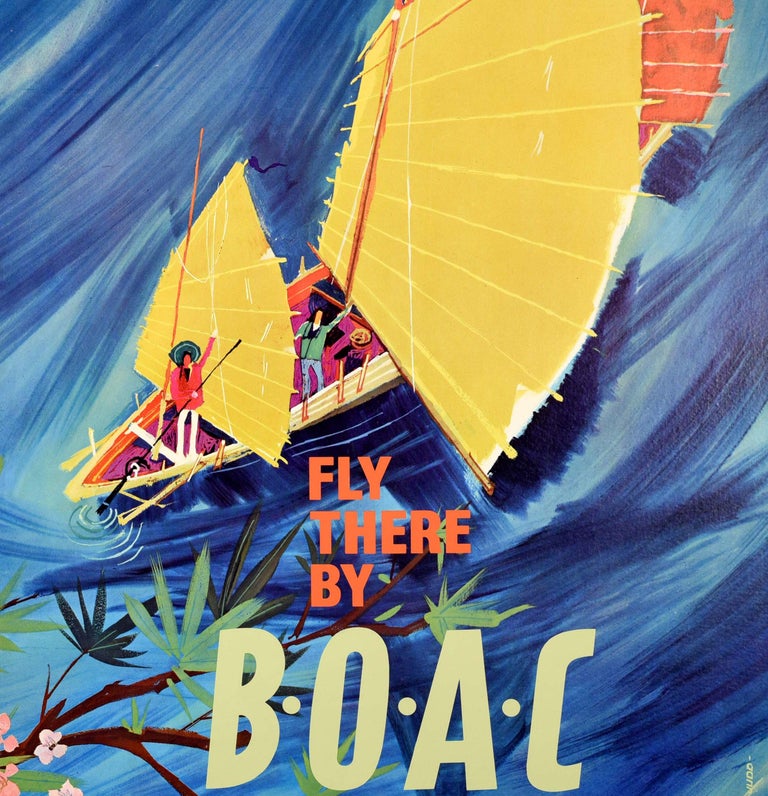 Original Vintage Travel Poster Fly There By BOAC Airline Far East Asia