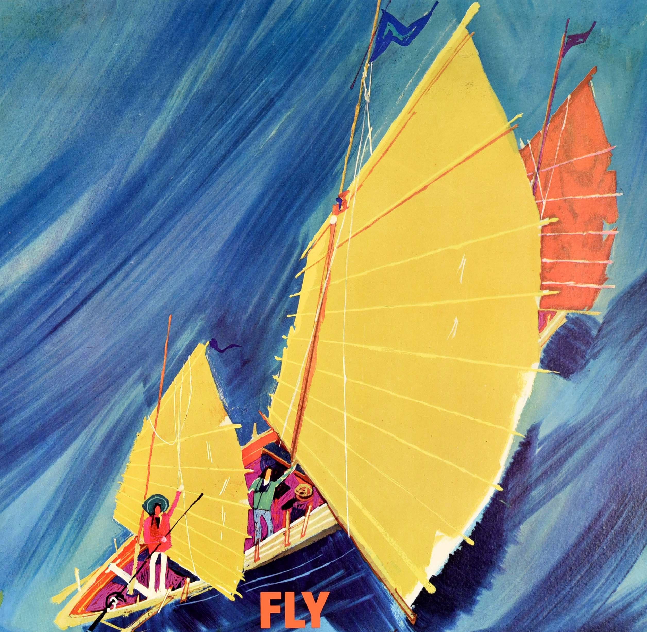 Britannique Affiche rtro originale de voyage Fly There par BOAC Airline, Asie d'Extrme-Orient, Bateau Junk en vente
