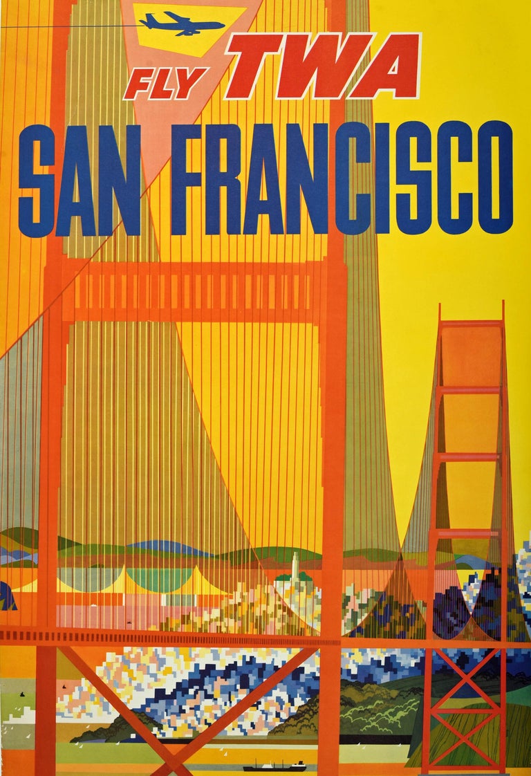 Original Vintage Travel Poster Fly TWA Airlines San Francisco Golden Gate Bridge In Good Condition For Sale In London, GB