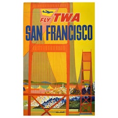 Poster di viaggio originale d'epoca Fly TWA Airlines San Francisco Golden Gate Bridge