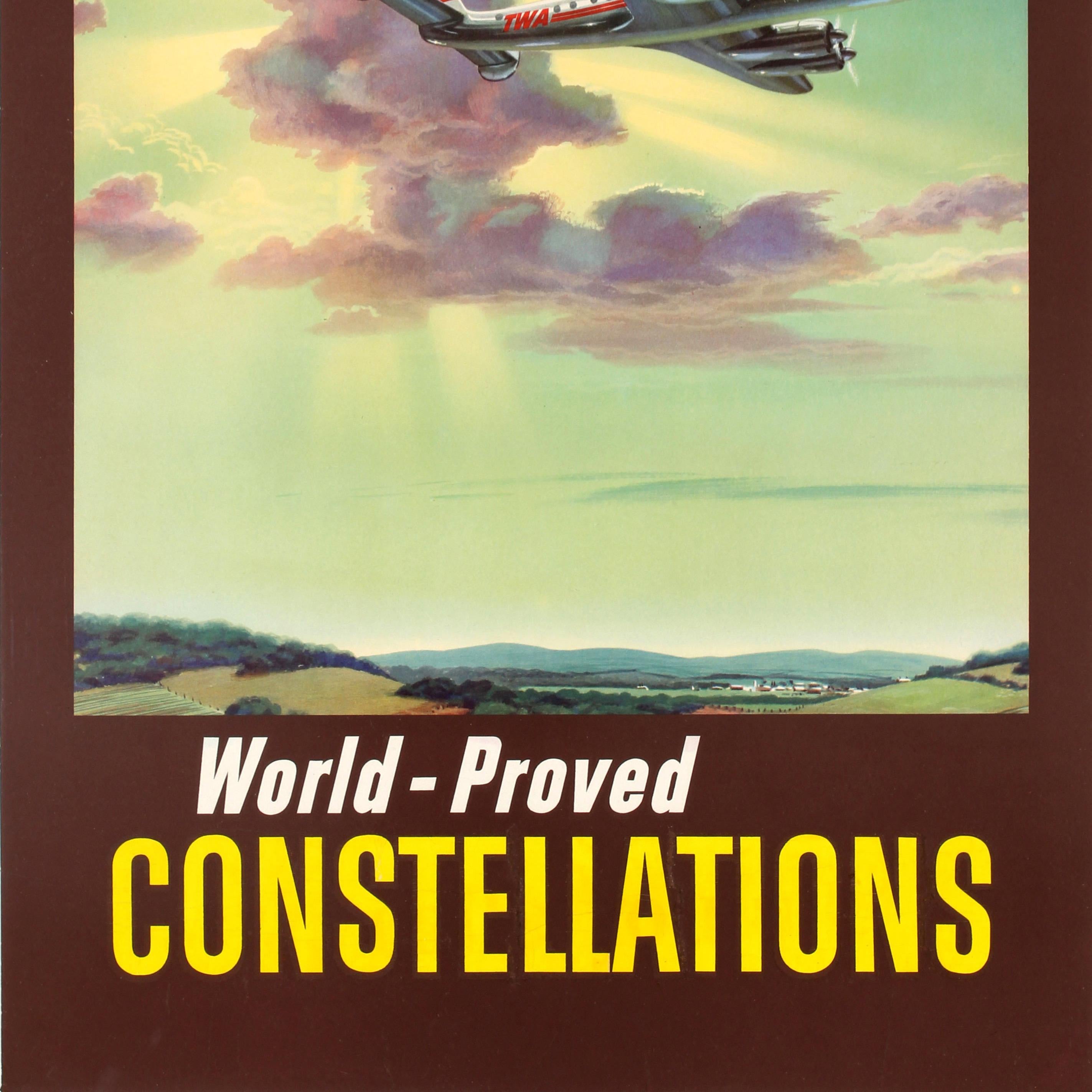 Cartel de viaje original de época Vuela TWA San Francisco Constelaciones Mundialmente Probadas en Bueno estado para la venta en London, GB