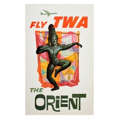 Poster di viaggio originale d'epoca Fly TWA The Orient Buddha Asia David Klein Design