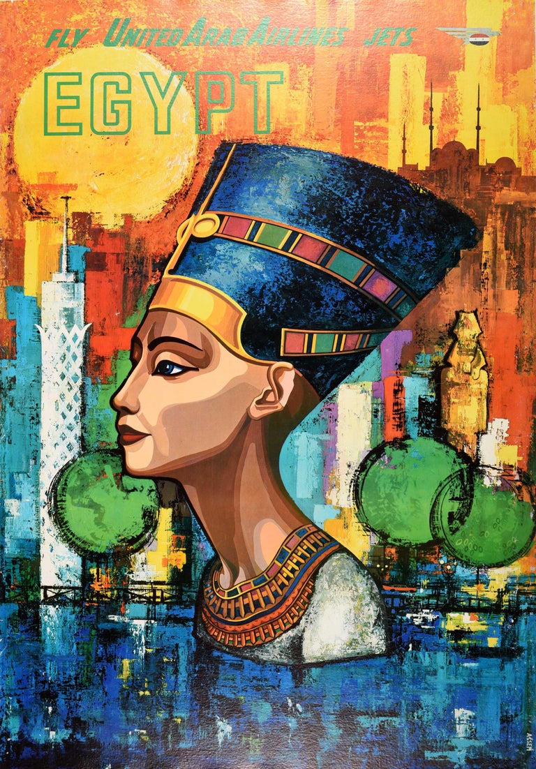 Original vintage travel poster - Fly United Arab Airlines Jets Egypt - featuring a colourful design depicting an image of the ancient Egyptian bust of Queen Nefertiti in front of modern and historic city buildings with trees by the River Nile and