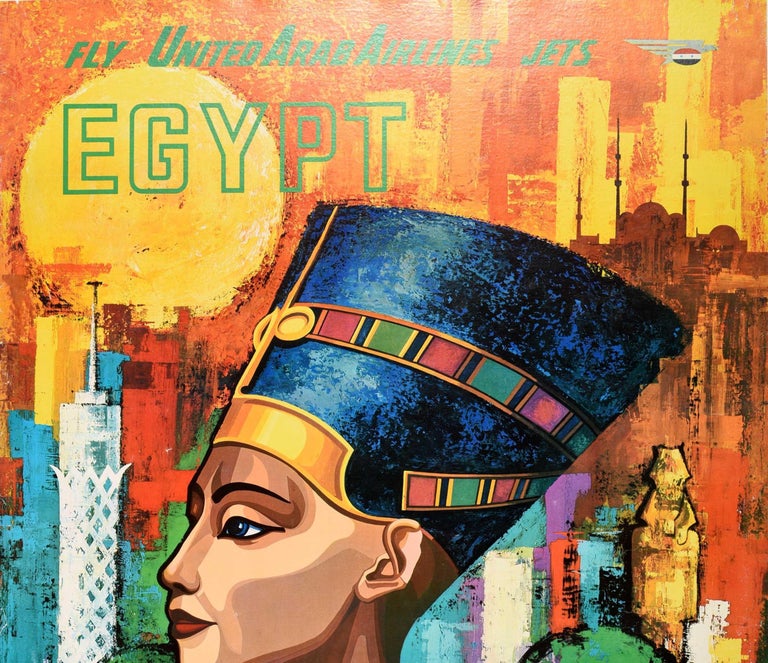 Egyptian Original Vintage Travel Poster Fly United Arab Airlines Jets Egypt Nefertiti Art For Sale