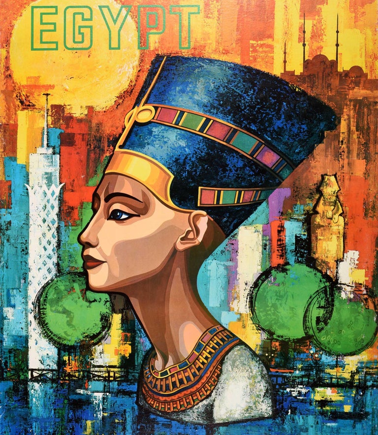 Mid-20th Century Original Vintage Travel Poster Fly United Arab Airlines Jets Egypt Nefertiti Art For Sale