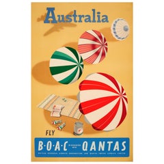 Original Retro Travel Poster For Australia Fly BOAC & Qantas - Sunshine & Surf